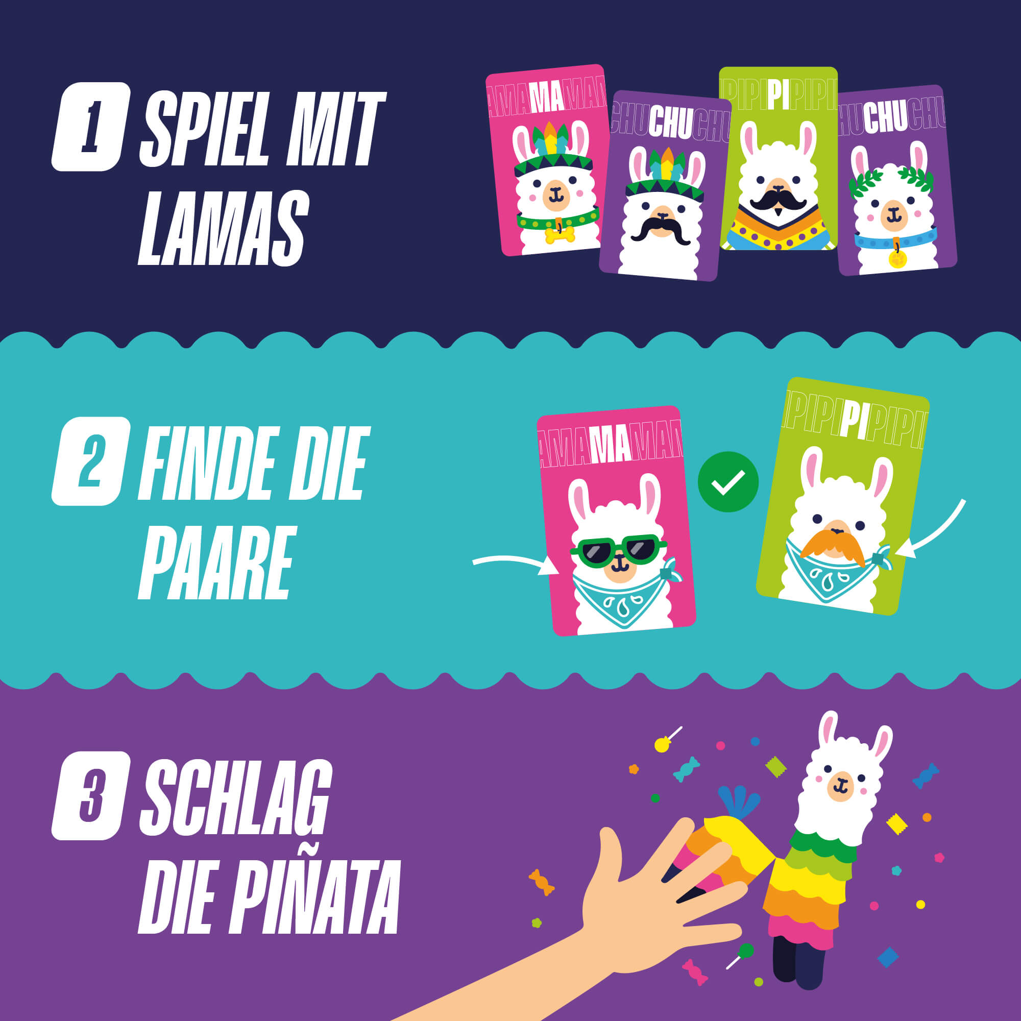 Spielanleitung-Layout mit Llama-Schritten 1 bis 3