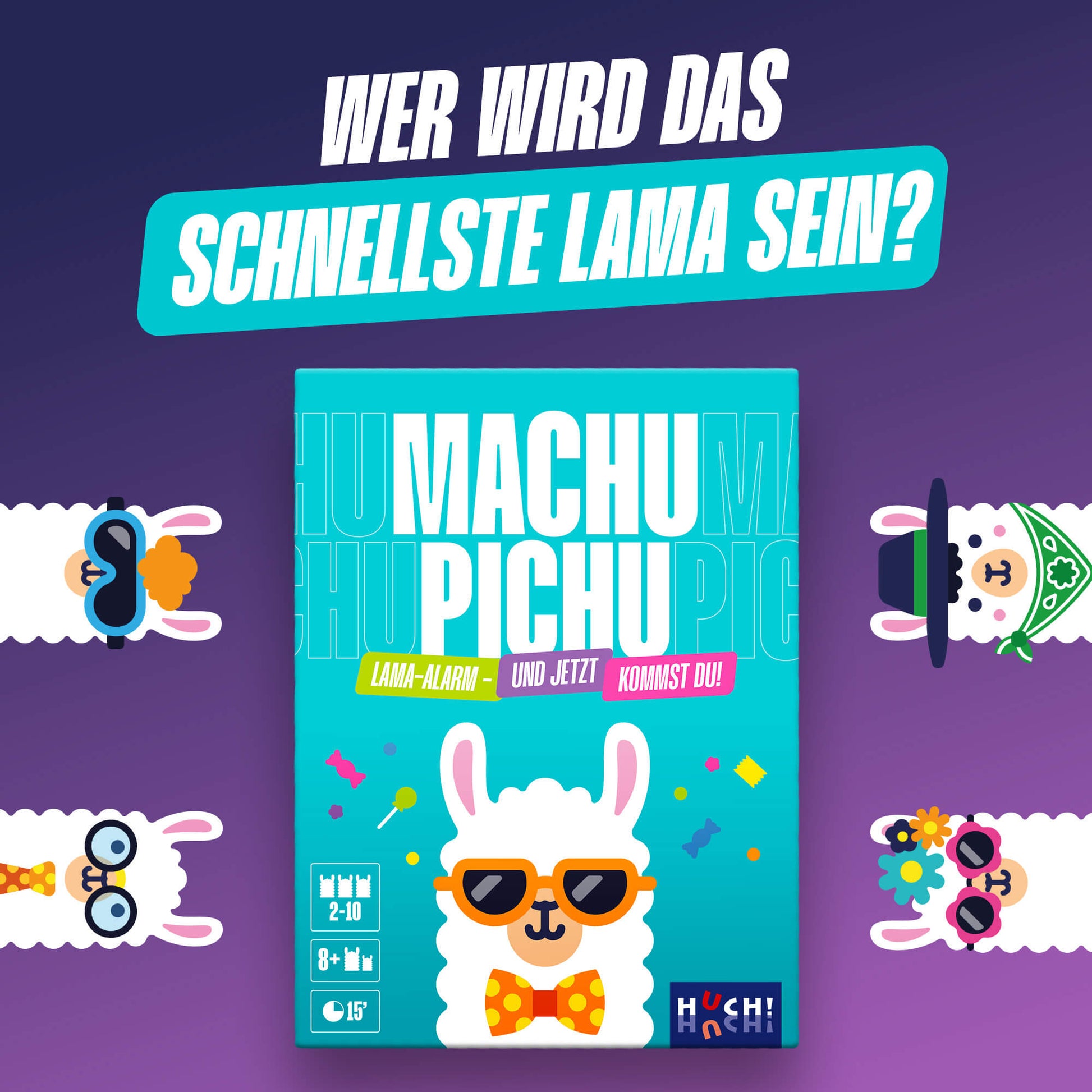 Spielbox vor farbigem Hintergrund mit Lama-Motiv und Logo
