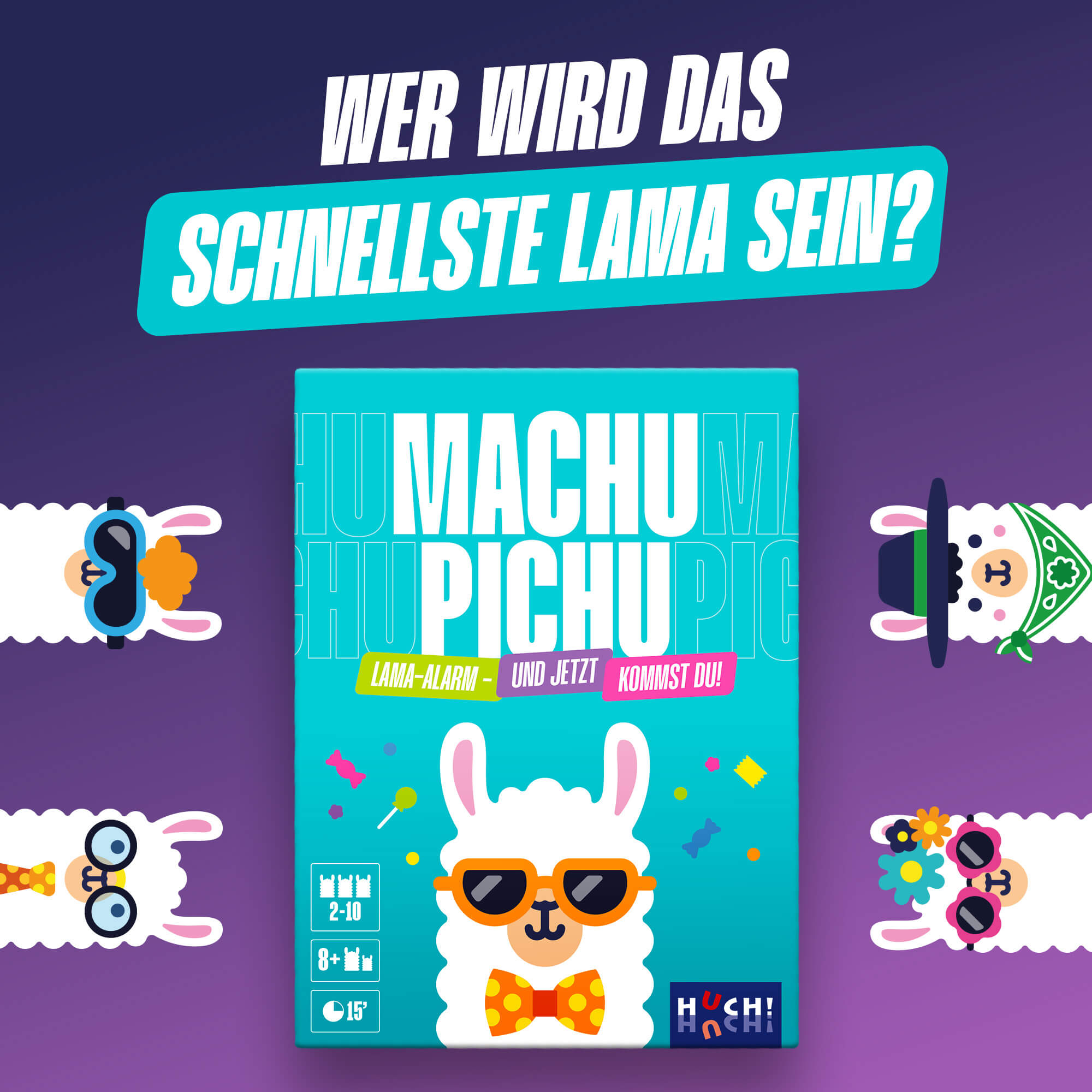 Spielbox vor farbigem Hintergrund mit Lama-Motiv und Logo