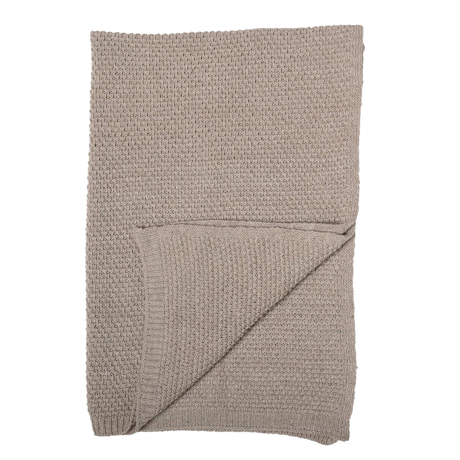 Gestrickte Überwurf-Decke, braun-beige, gefaltet mit sichtbarer diagonaler Naht