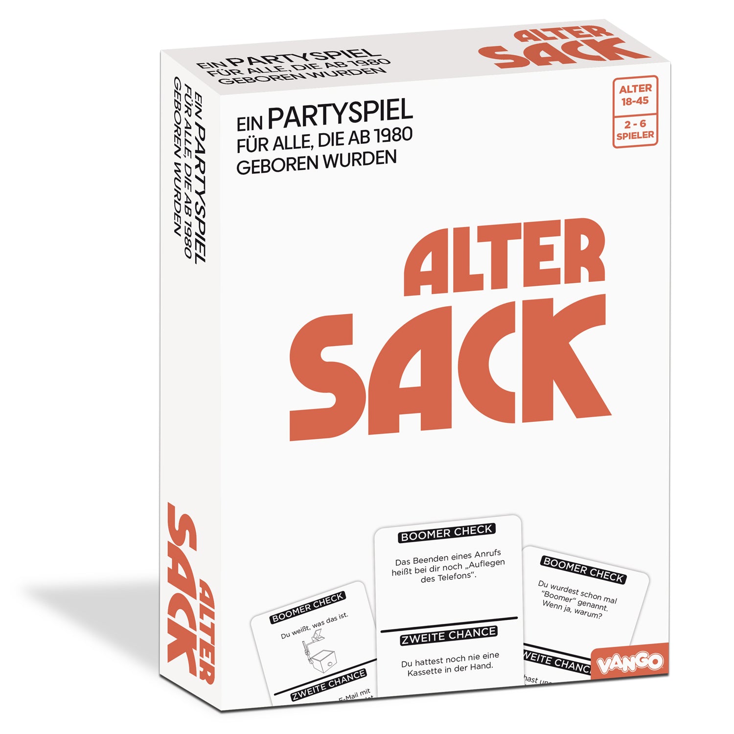 Spielbox des Partyspiels Alter Sack mit Aufdruck „ALTER“ und „18–45“