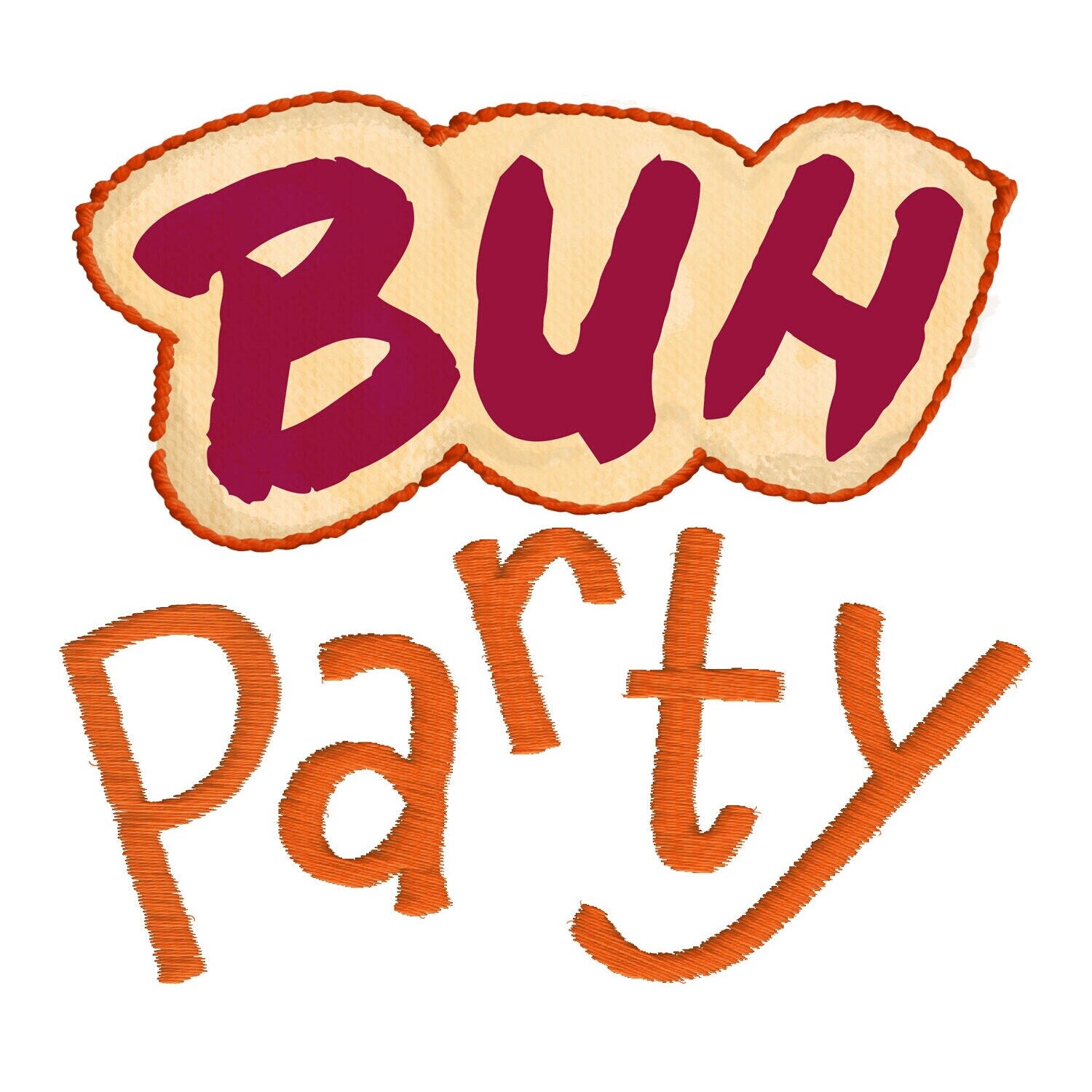 Spielkarten-Logo „Buh Party“ mit orange umrandeter Schrift und magentafarbenen Buchstaben
