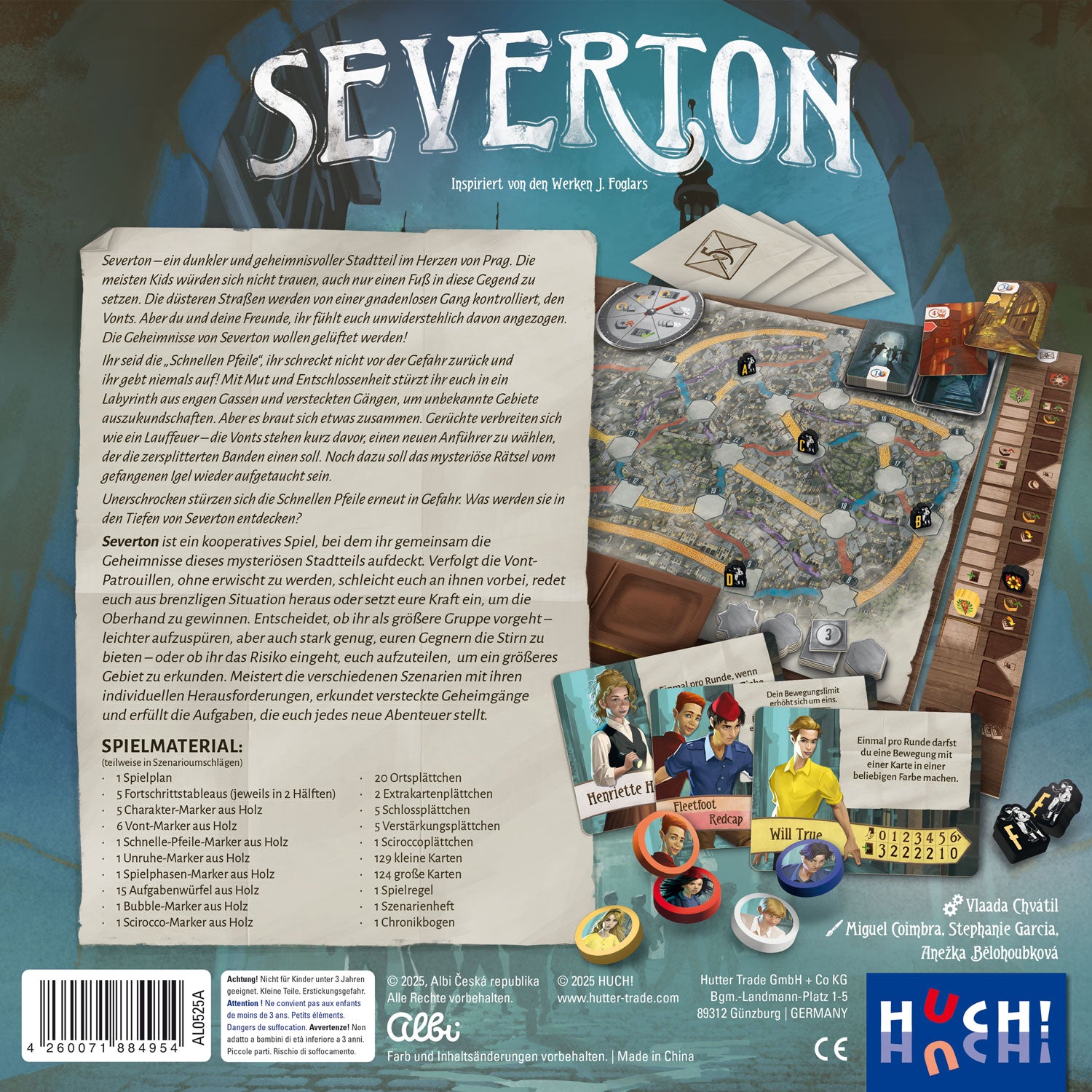 Rückseite der Brettspielbox Severton mit Spielplanabbildung und Inhalt