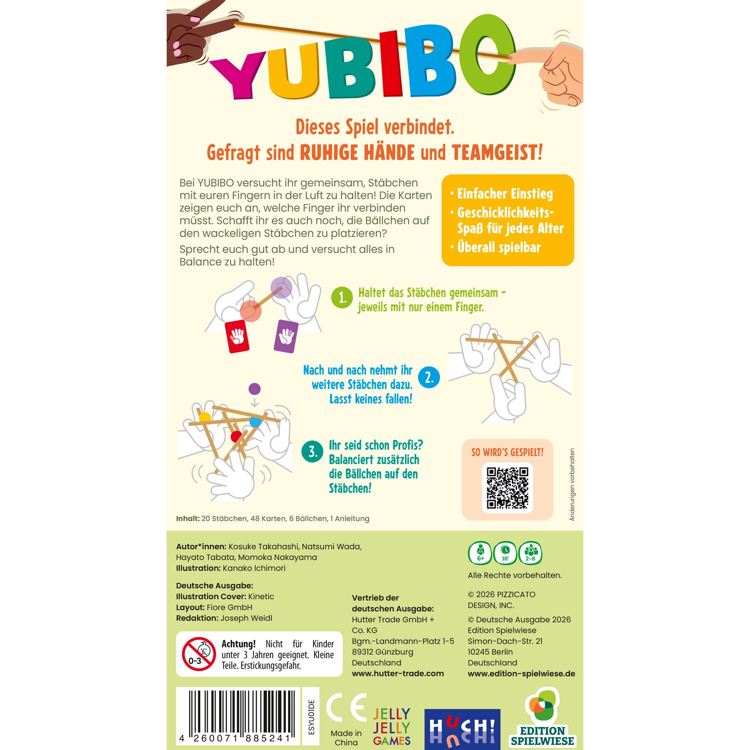 Yubibo Rückseite mit Spielregeln, CE/Barcode und Herstellerangaben