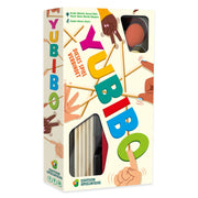 Yubibo Brettspiel-Box mit bunten Stäbchen und Händen, Titelgrafik