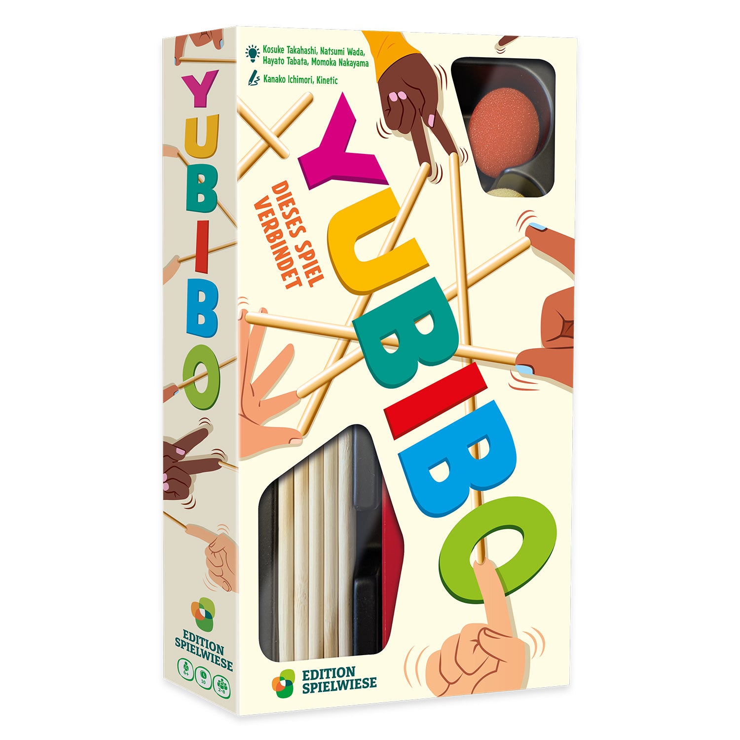 Yubibo Brettspiel-Box mit bunten Stäbchen und Händen, Titelgrafik