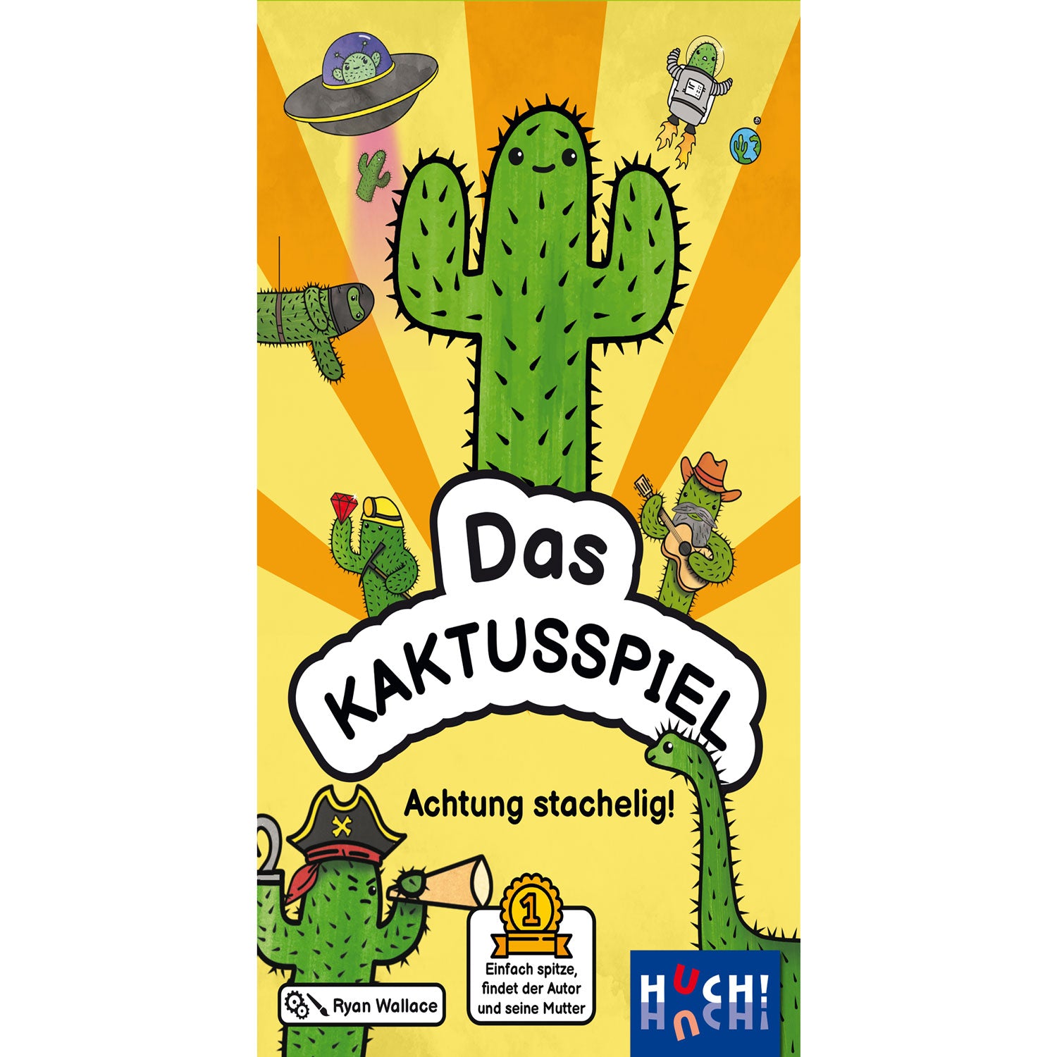 Spielbox-Front mit großer Kaktusfigur und Schriftzug „Achtung stachelig!“