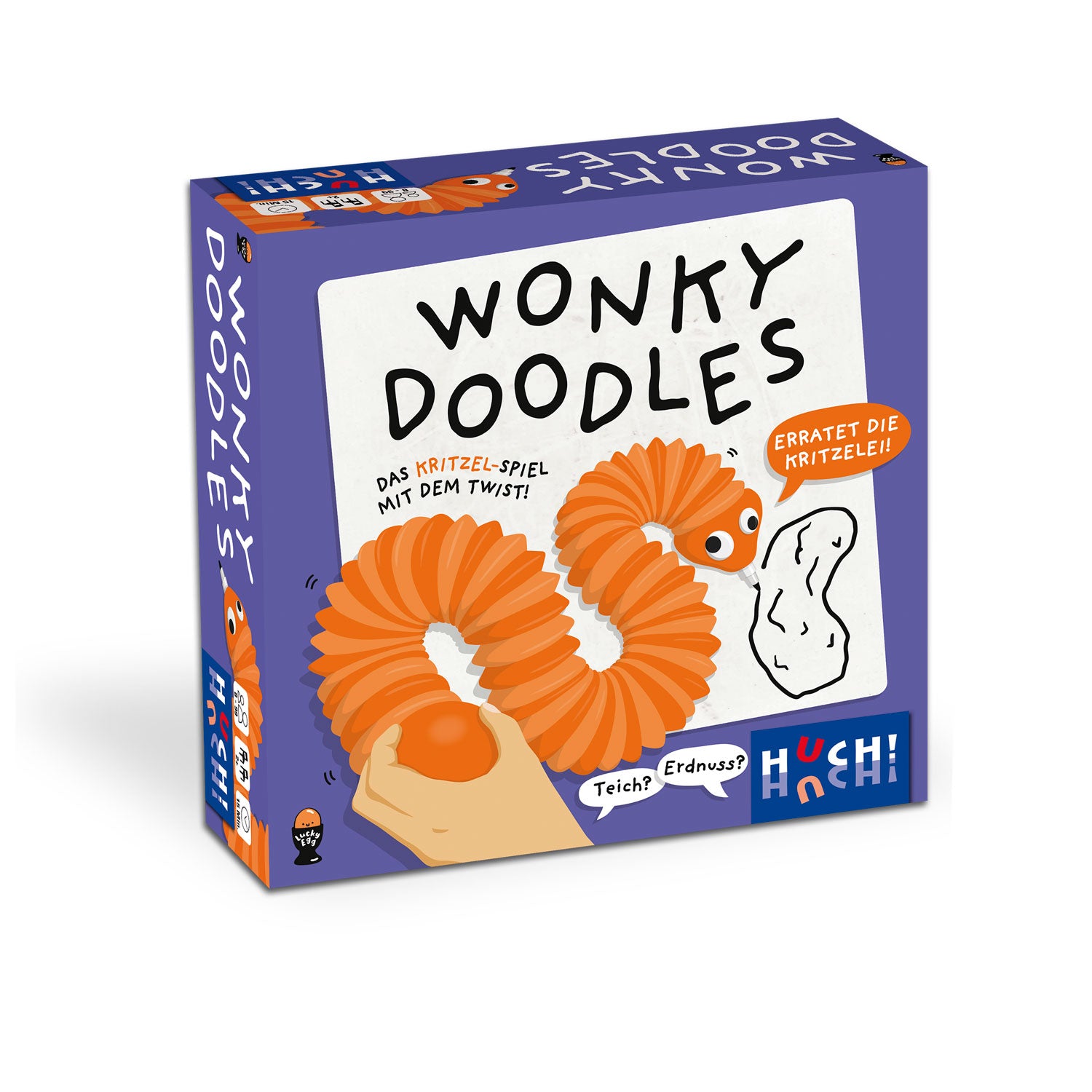 Schräges Doodles-Spielbox mit orangefarbenem Tiermotiv und Spielanleitung