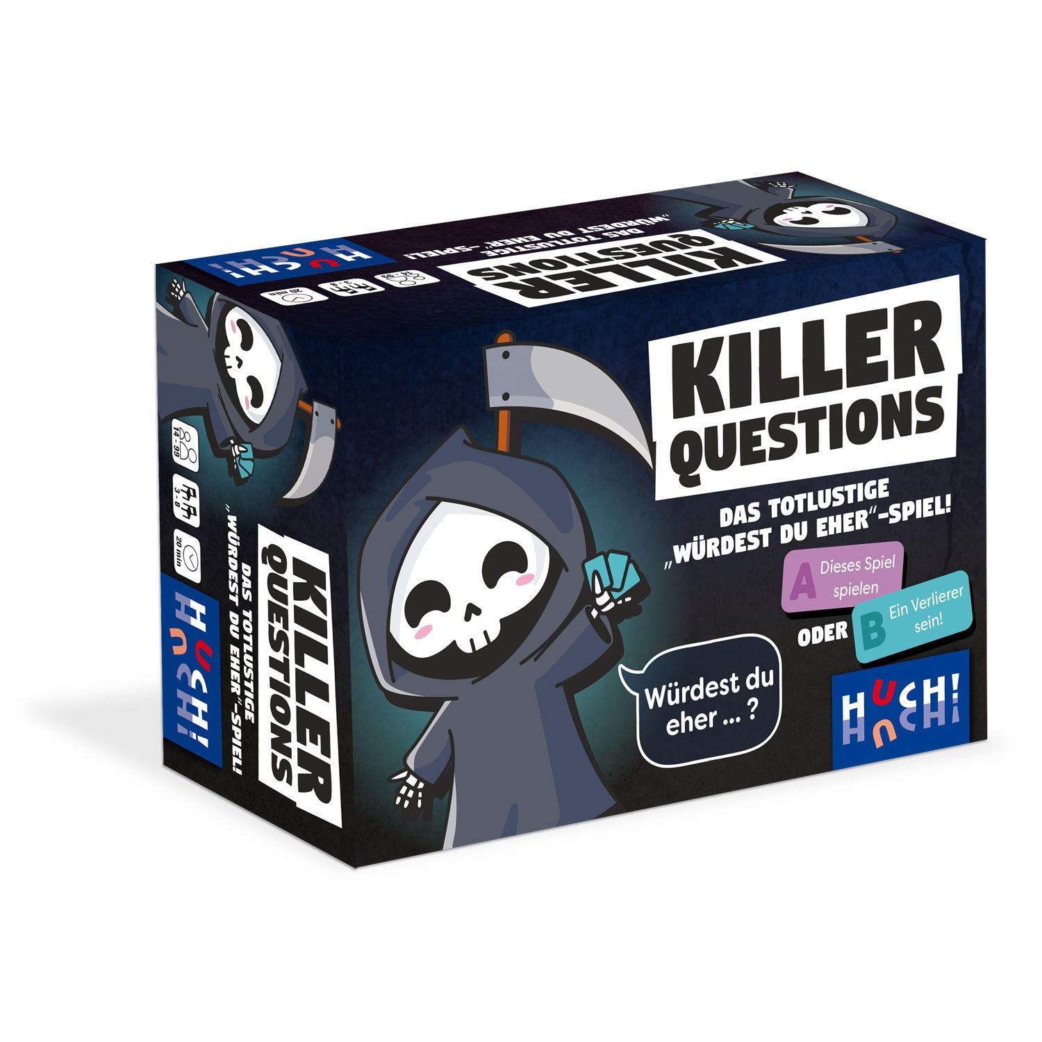 Killer-Fragen-Spiel: Spielbox mit Totenschädel-Motiv und Schriftzug „Killer Questions“