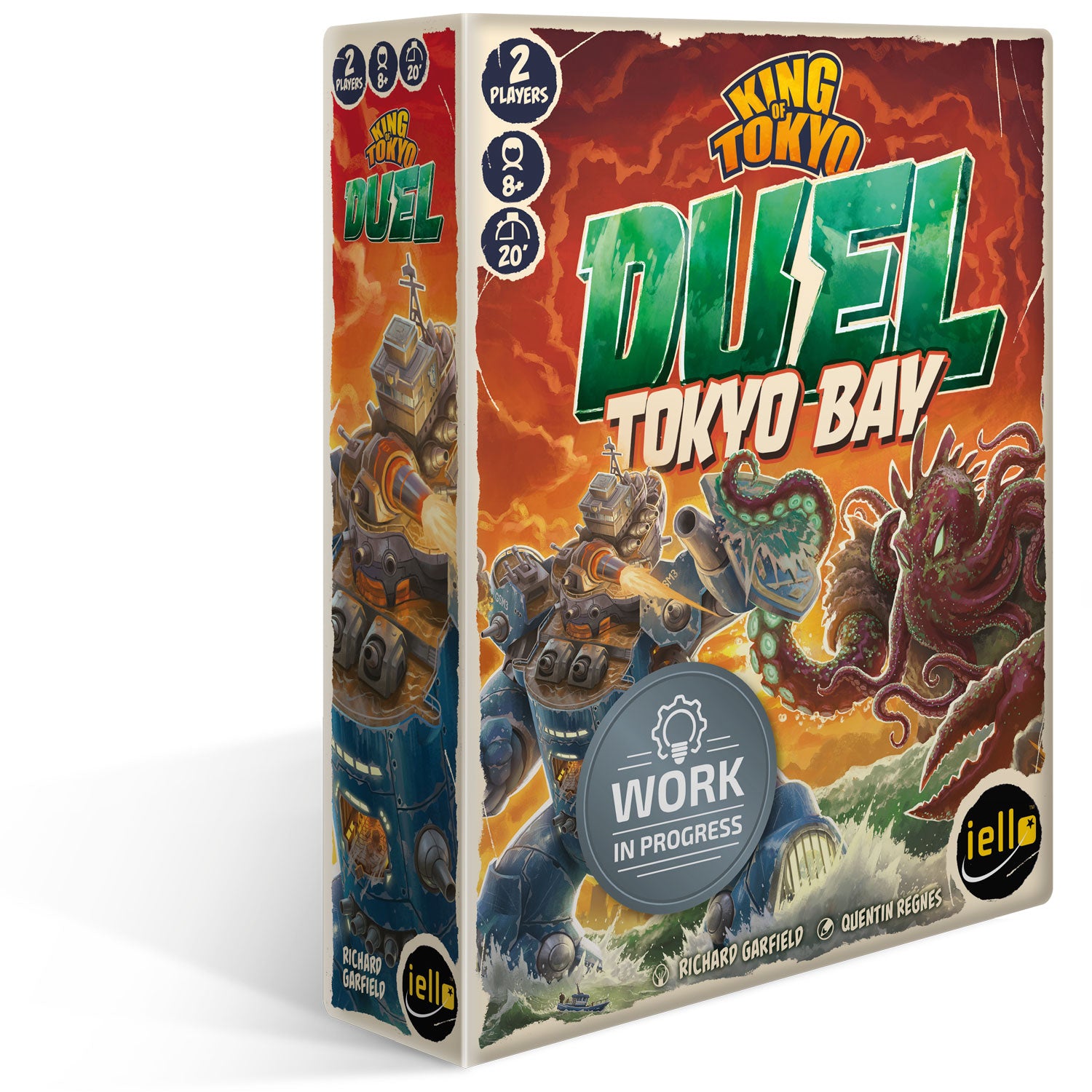 Brettspiel-Box „King of Tokyo Duel: Tokyo Bay“ mit Monster-Artwork, gelbem iello-Logo