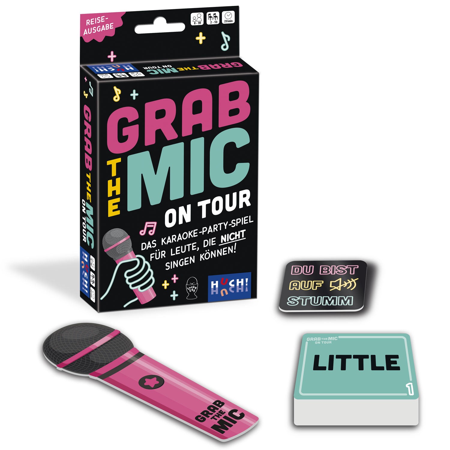 Karaoke-Party-Spiel-Set mit Mikrofon-Accessoire und Karten neben der Verpackung