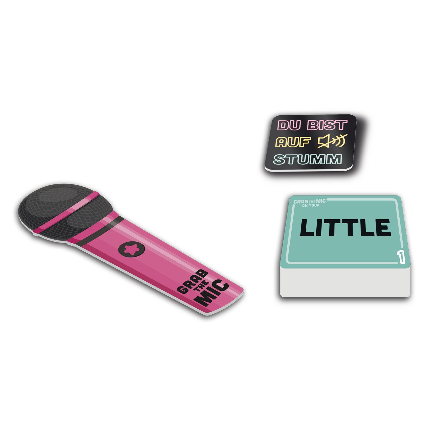 Mikrofon-Accessoire in Pink mit zwei Karten: Du bist auf Stimmung und Little