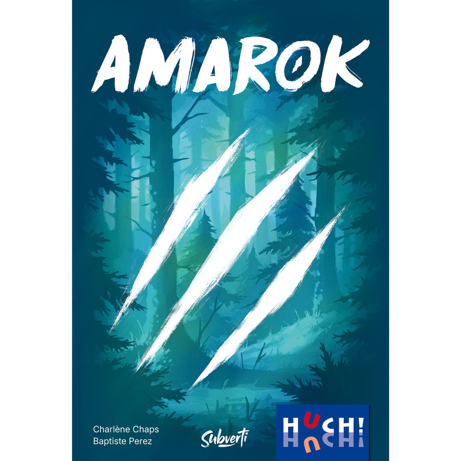 Brettspiel-Box Amarok frontal mit Waldkarte und „AMAROK“-Schriftzug