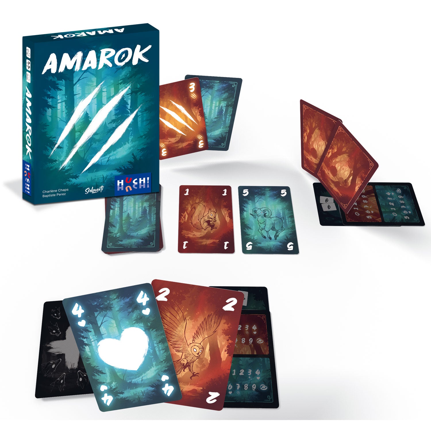 Brettspiel-Set Amarok mit mehreren Spielkarten und Box im Überblick