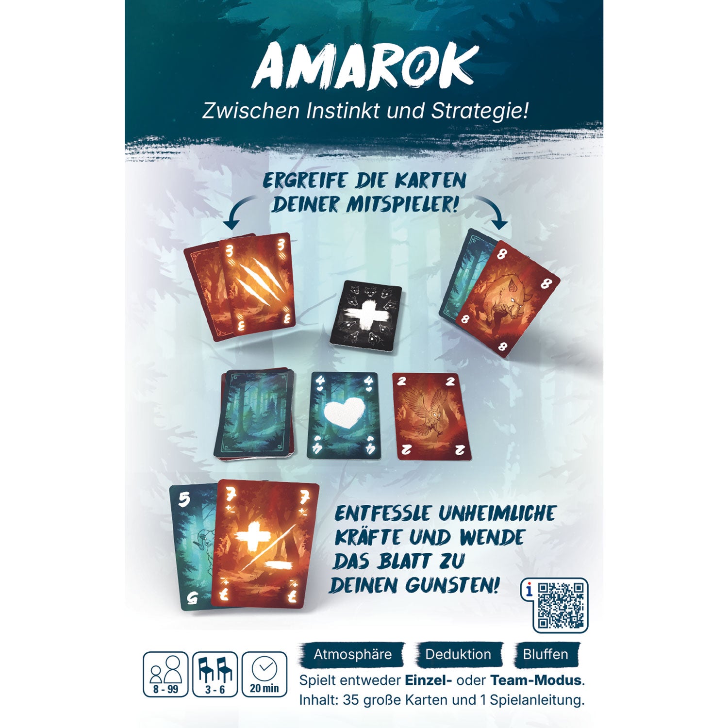 Brettspiel Amarok Rückseite mit Spielhinweisen und Kartenabbildungen