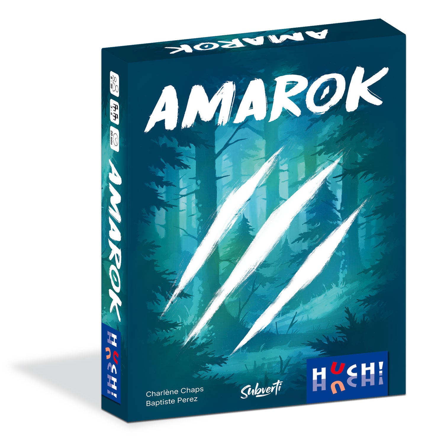 Brettspiel-Box Amarok mit Waldgrafik und „AMAROK“-Schriftzug