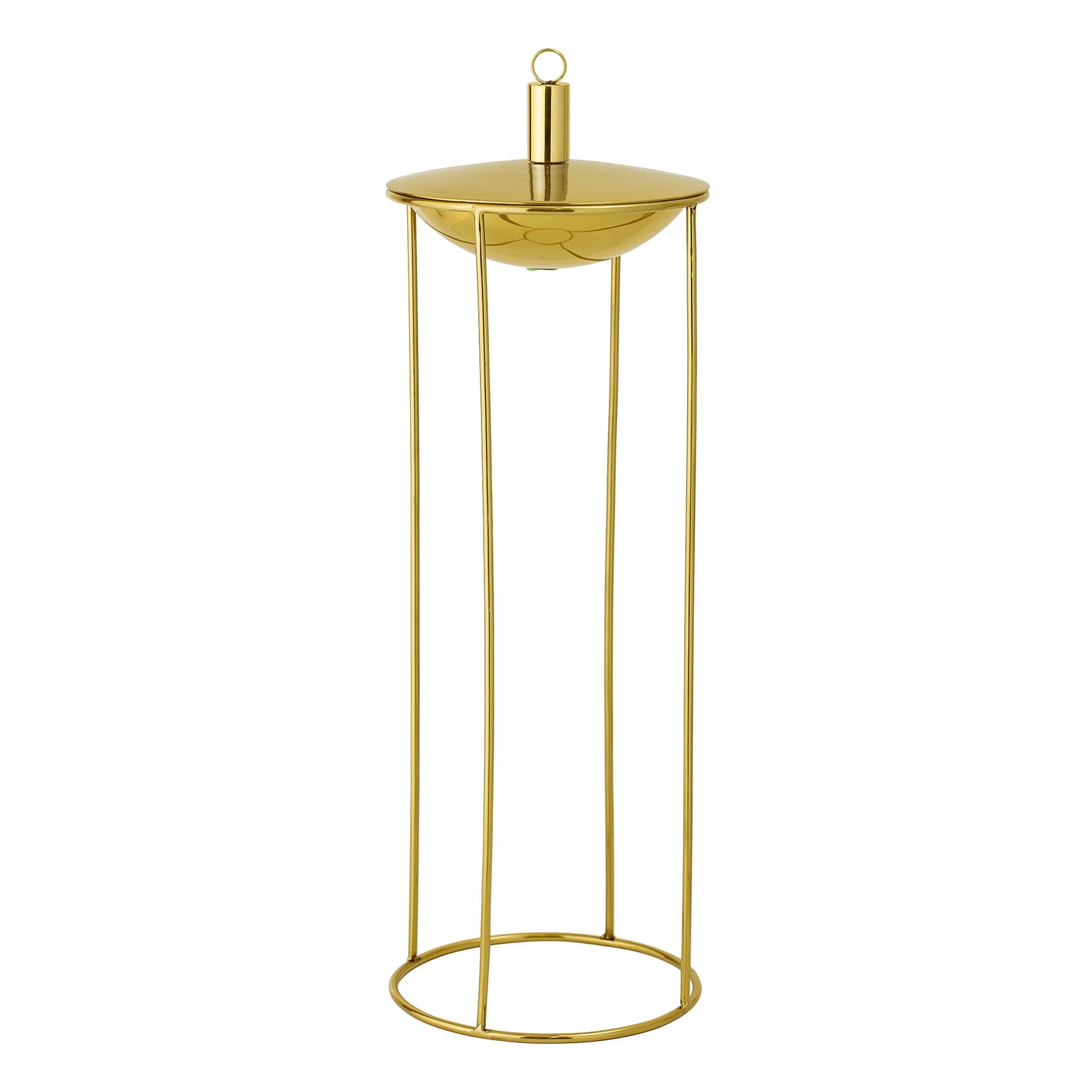 Goldfarbene Öllampe mit rundem Lampenschirm und Stabgestell, zylindrischer Fuß