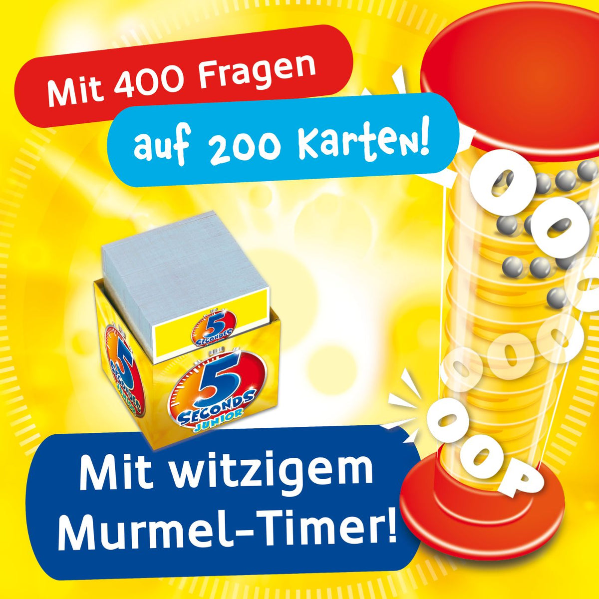 5-Sekunden-Junior Spielbox mit „Mit 400 Fragen“-Text und Kartenstapel
