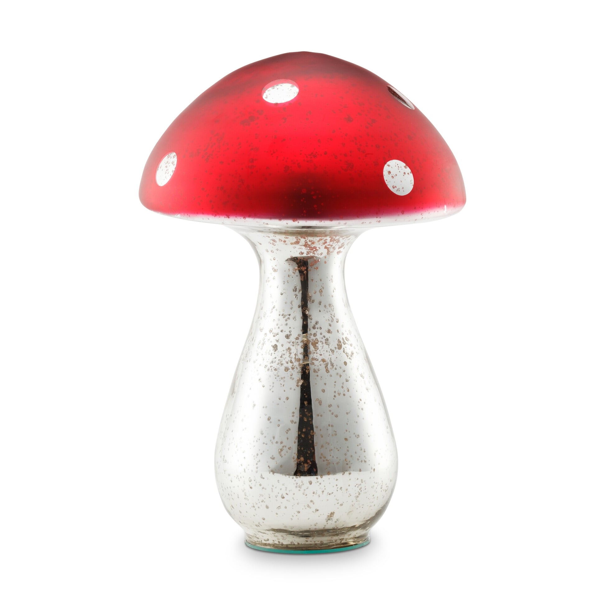 Großer Dekopilz aus rotem Glas mit weißen Punkten und silbernem Stiel