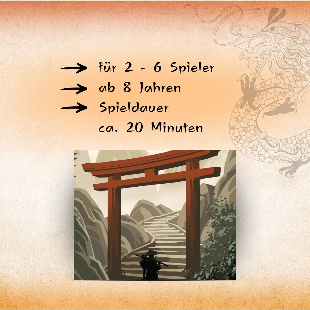 Kartenspiel-Layout: Torii-Tor zwischen Bergen, mit Pfeilen für Spieleranzahl