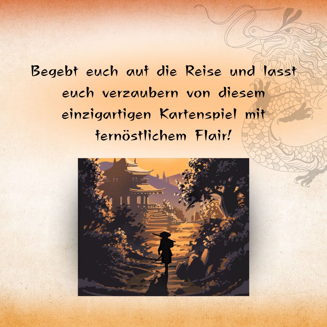 Kartenspiel-Layout mit Landschaft unter Pagode und Samurai in der Gasse