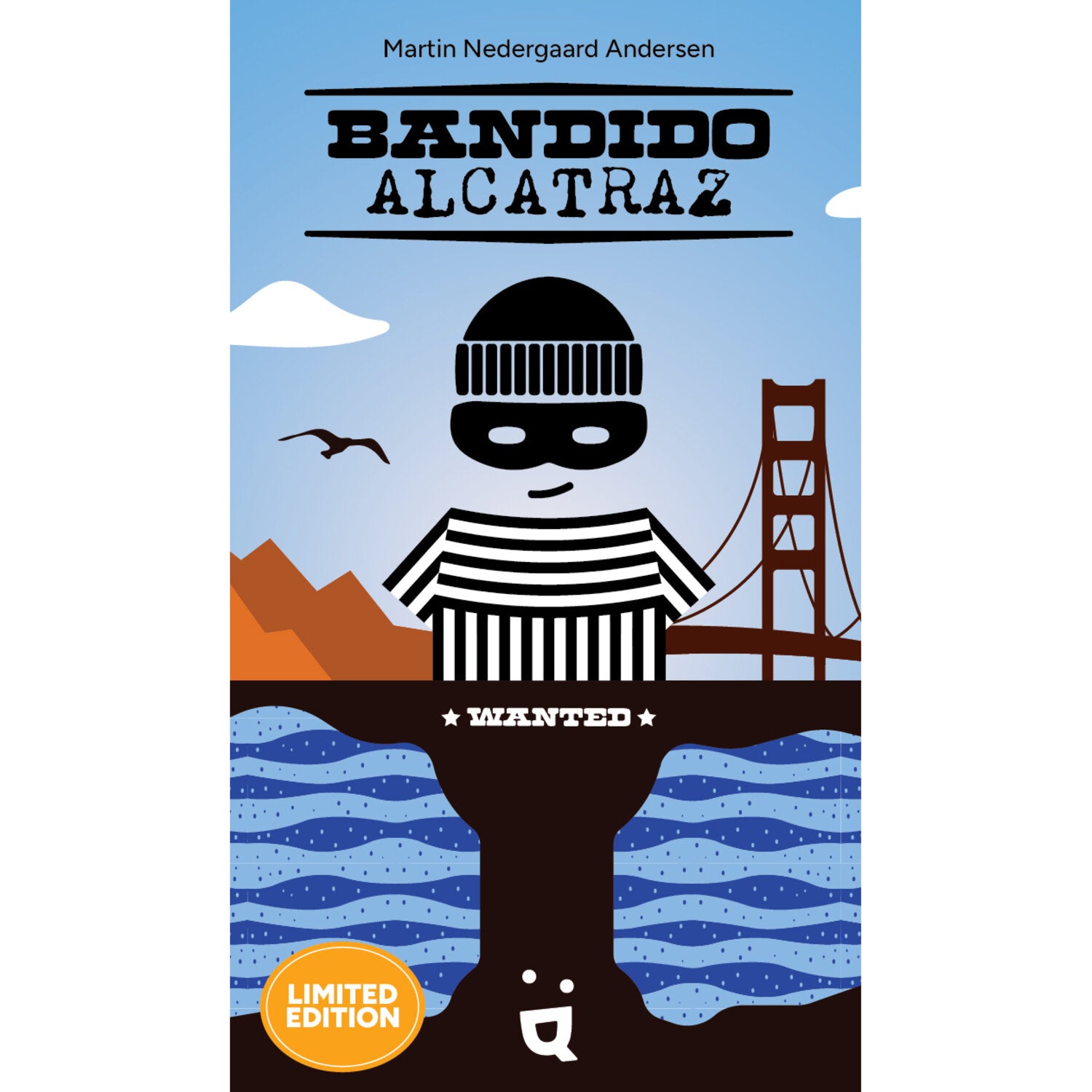 Brettspiel-Box Frontansicht mit Bandido-Figur, Brücke und blauem Wasser