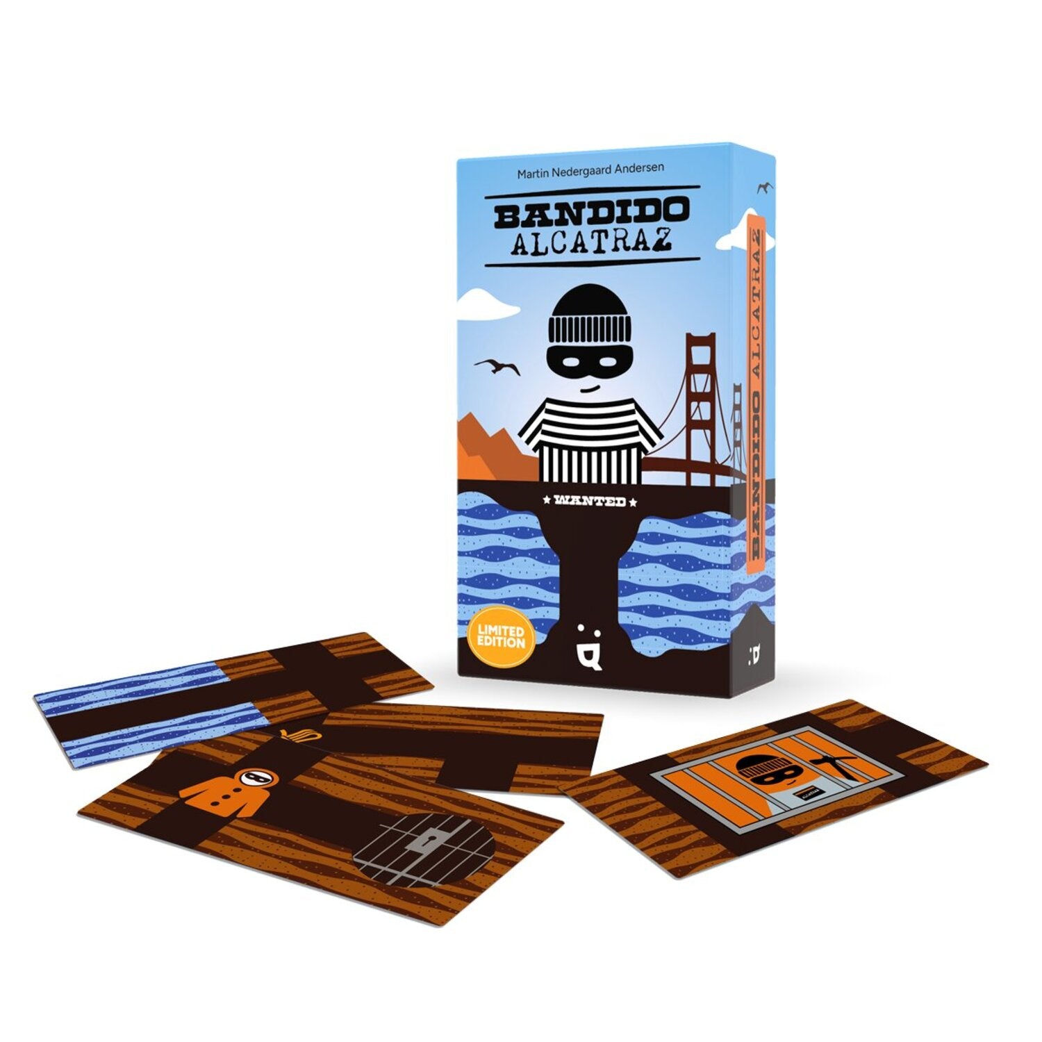 Brettspiel-Box und Karten: Bandido-Motiv mit Wellen, Berge, Brücke