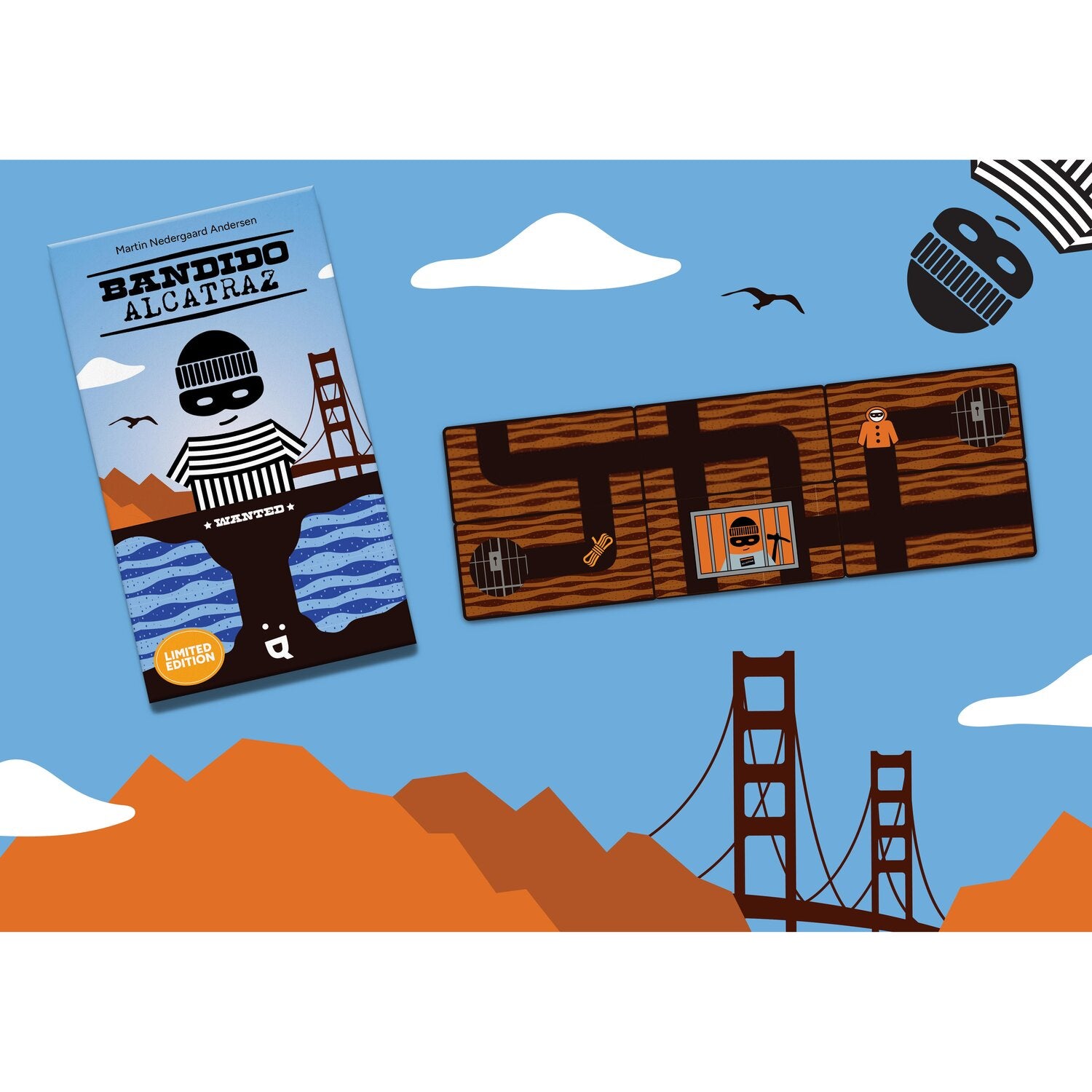 Brettspiel-Motive: Box und Spielkarten mit Bandido, Brücke, Bergen und Wasser