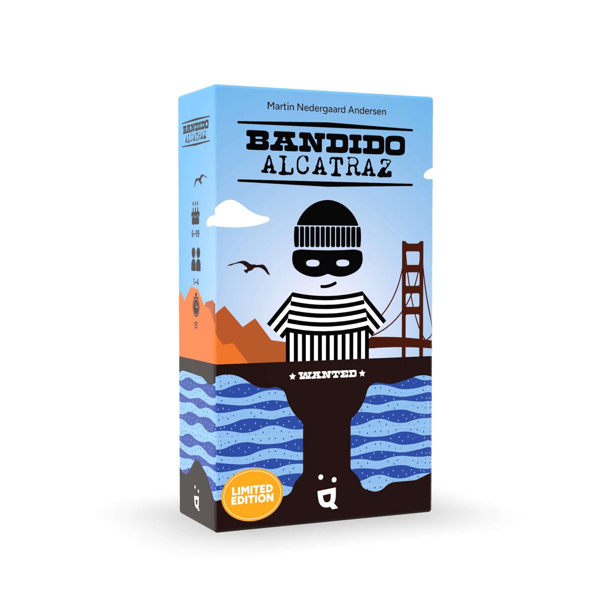 Brettspiel-Box mit Bandido-Grafik, Anstaltskleidung, Brücke und blauem Wasser