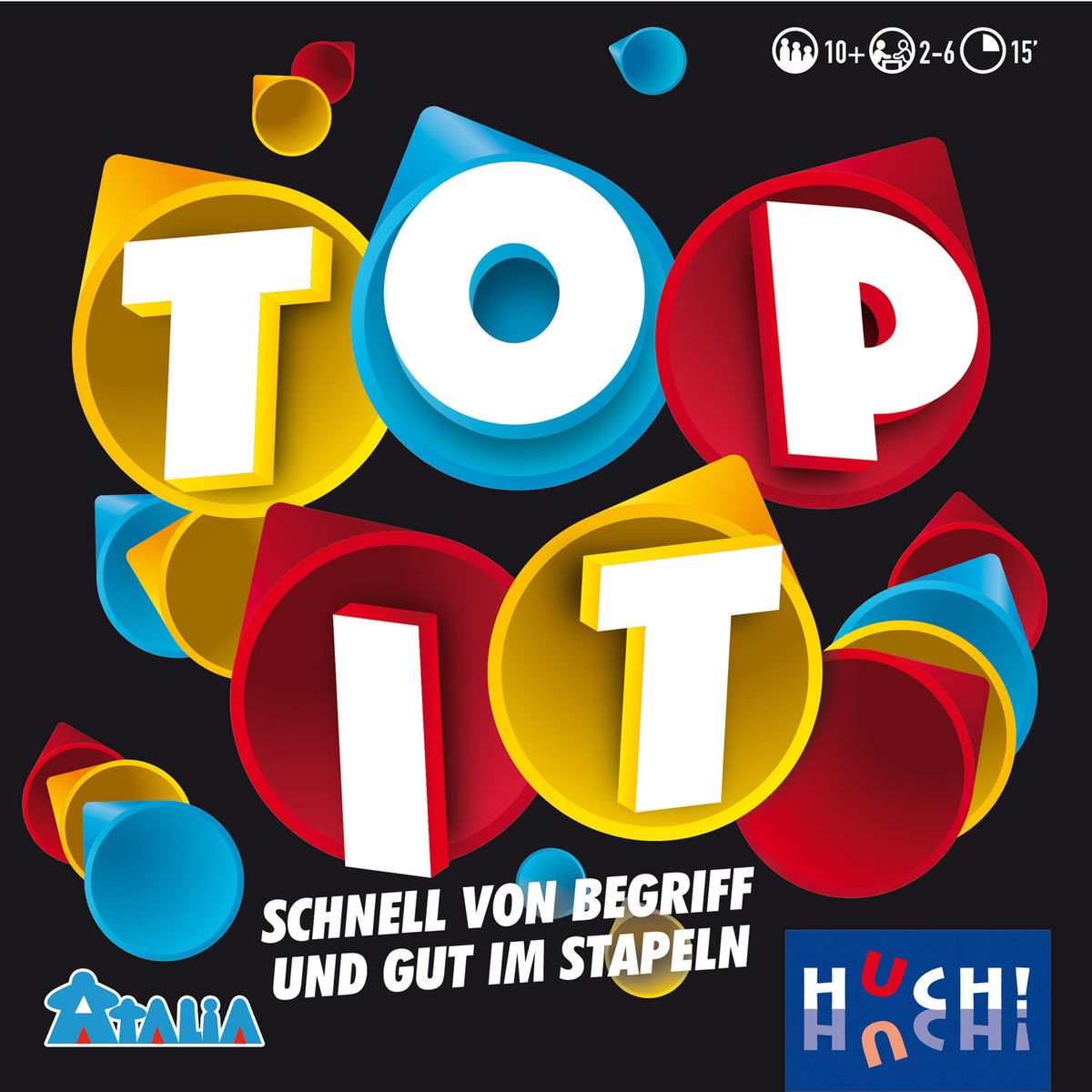 Spielbox „Top it“ Vorderseite mit großen Buchstaben-Icons und Stapel-Symbolen