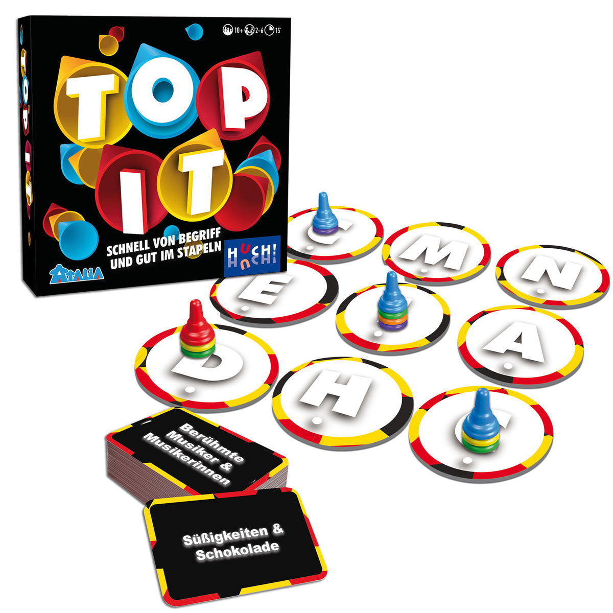 Spiel „Top it“ mit Buchstaben-Kegeln, Karten und kreisförmigen Plättchen