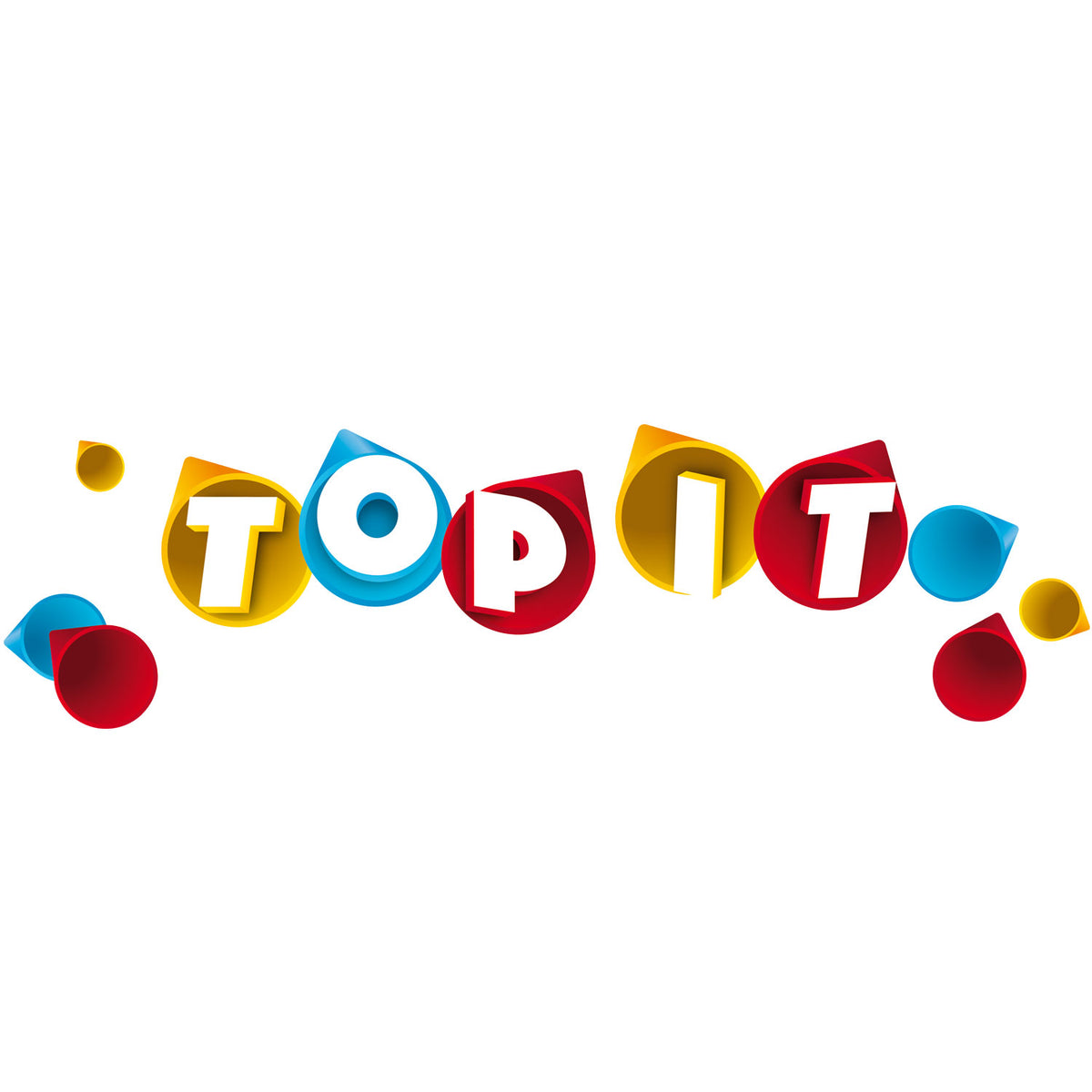 Spielbox „Top it“ mit bunten 3D-Buchstaben „TOP IT“