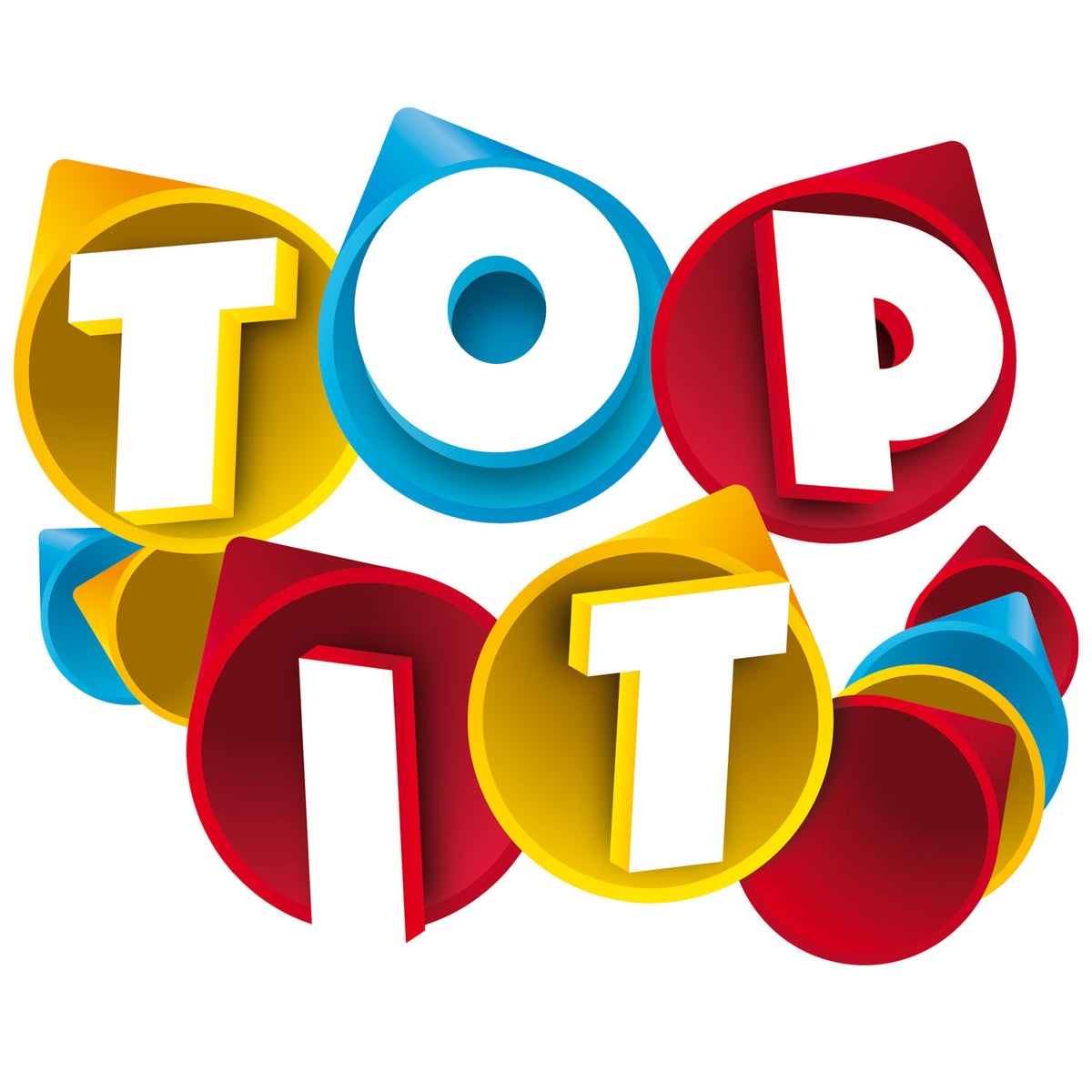 Spielbox „Top it“ Nahansicht der Vorderseite mit farbigen Buchstaben-Icons
