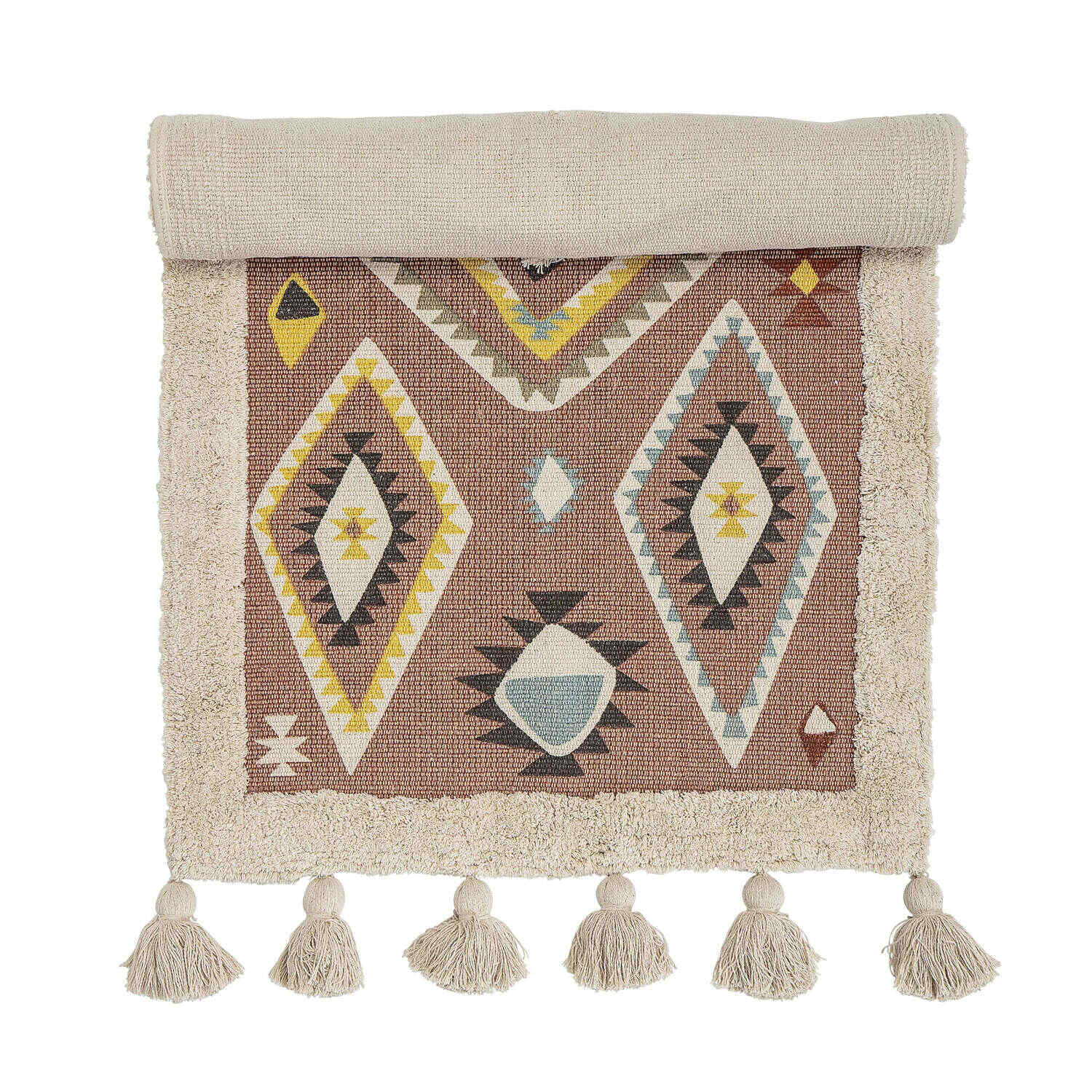 Kinderteppich aus Baumwolle mit geometrischem Muster, Quastenfransen und beigem Rand