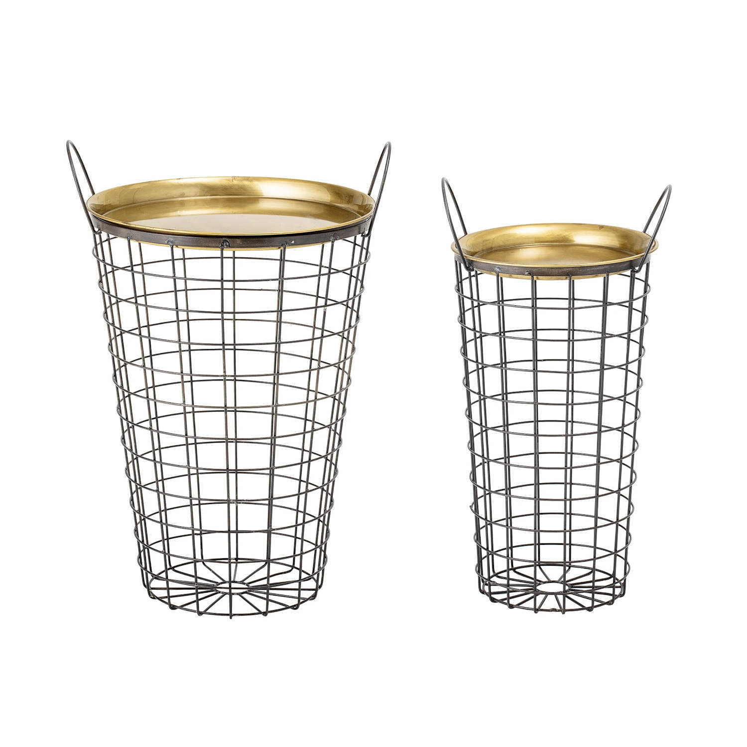 Serviertisch im 2er-Set mit Drahtkorbgestell und goldener Metallablage