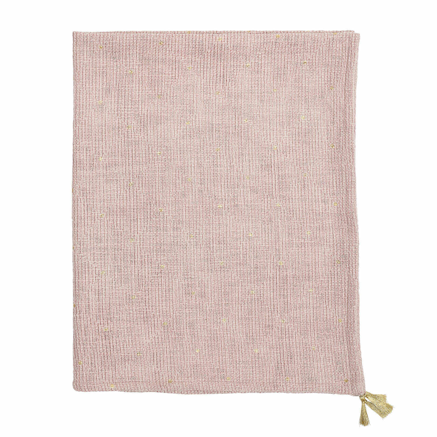 Rosa Decke/Überwurf als Rechteck mit goldfarbener Quaste an der Ecke