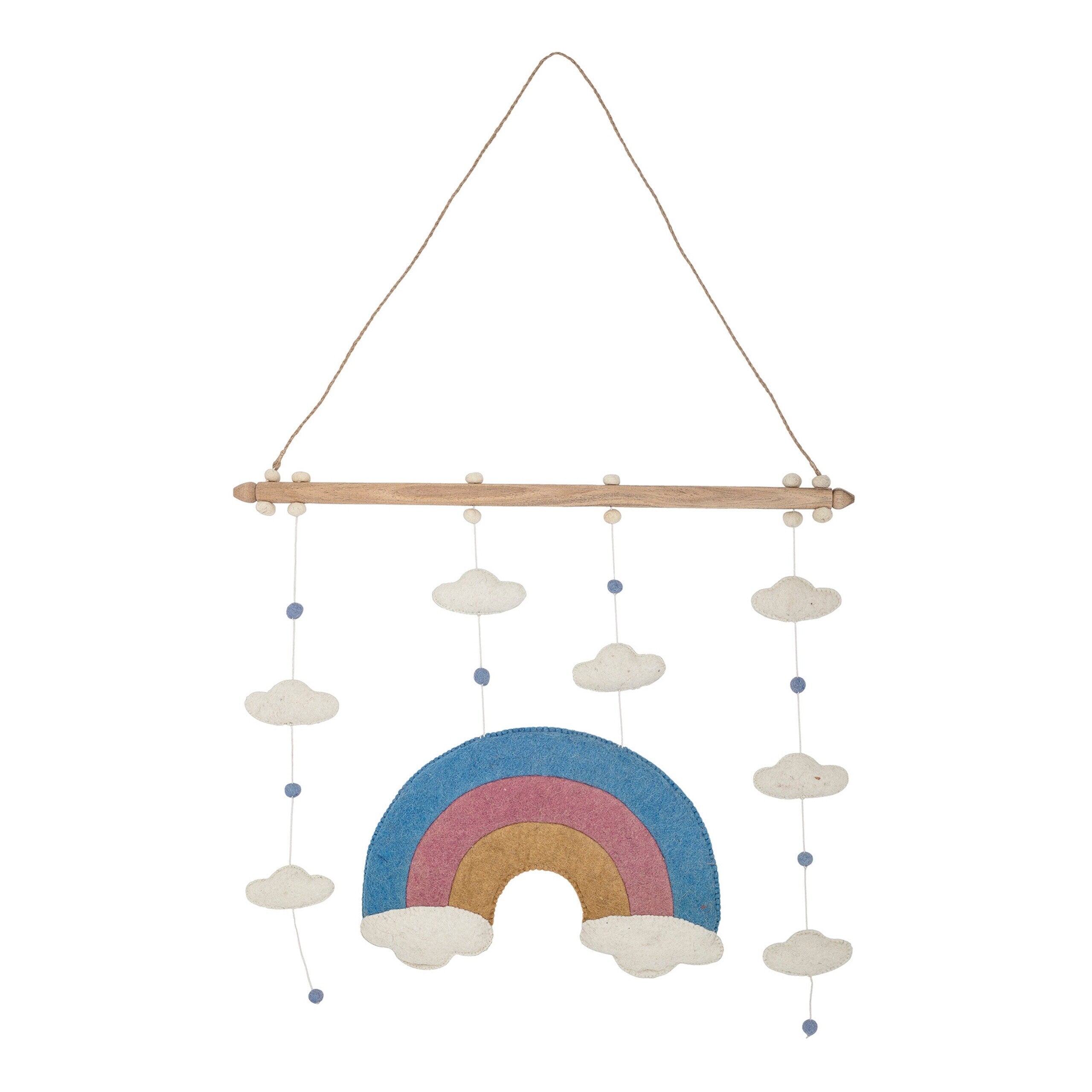 Regenbogen-Wandhänger-Mobile mit Wolken, Holzleiste und bunten Anhängern
