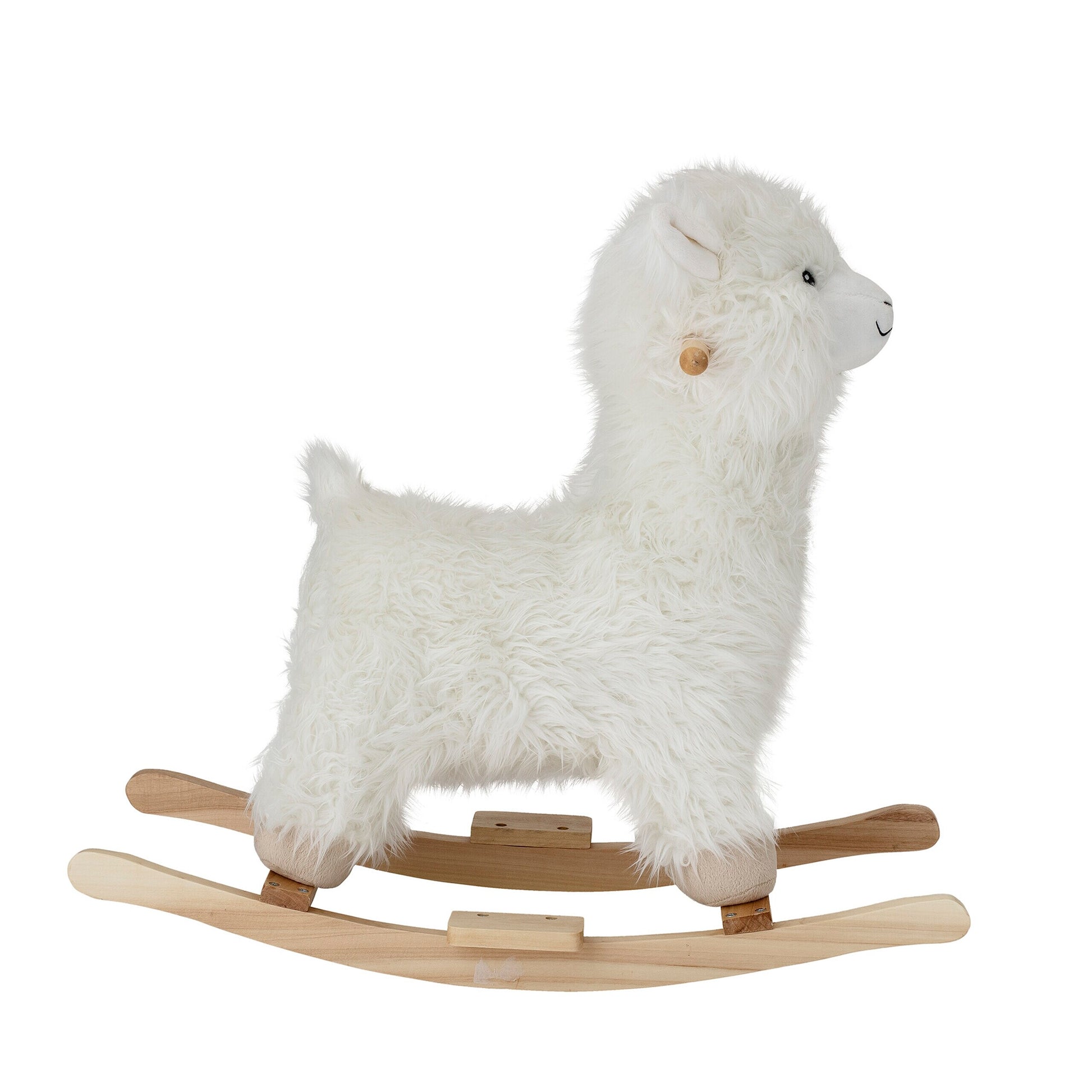 Weißes Plüsch-Lama als Schaukelspielzeug, frontansicht mit Holz-Schaukelkufen