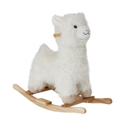Weißes Plüsch-Lama als Schaukelspielzeug mit Holz-Schaukelkufen und braunem Detail