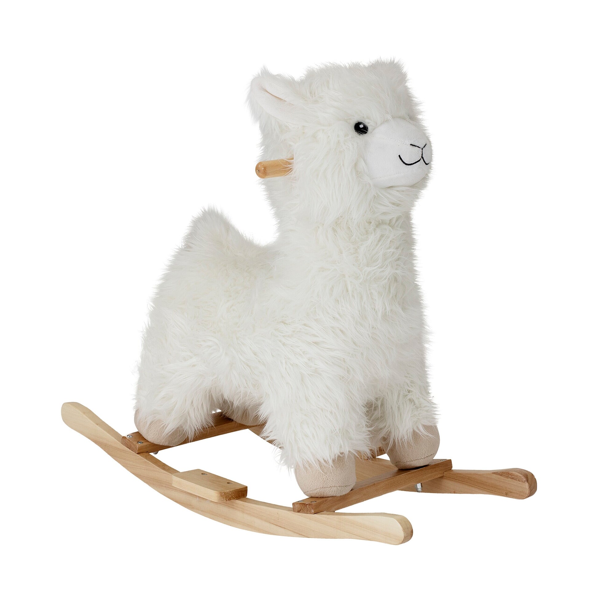 Weißes Plüsch-Lama als Schaukelspielzeug mit Holz-Schaukelkufen und braunem Detail