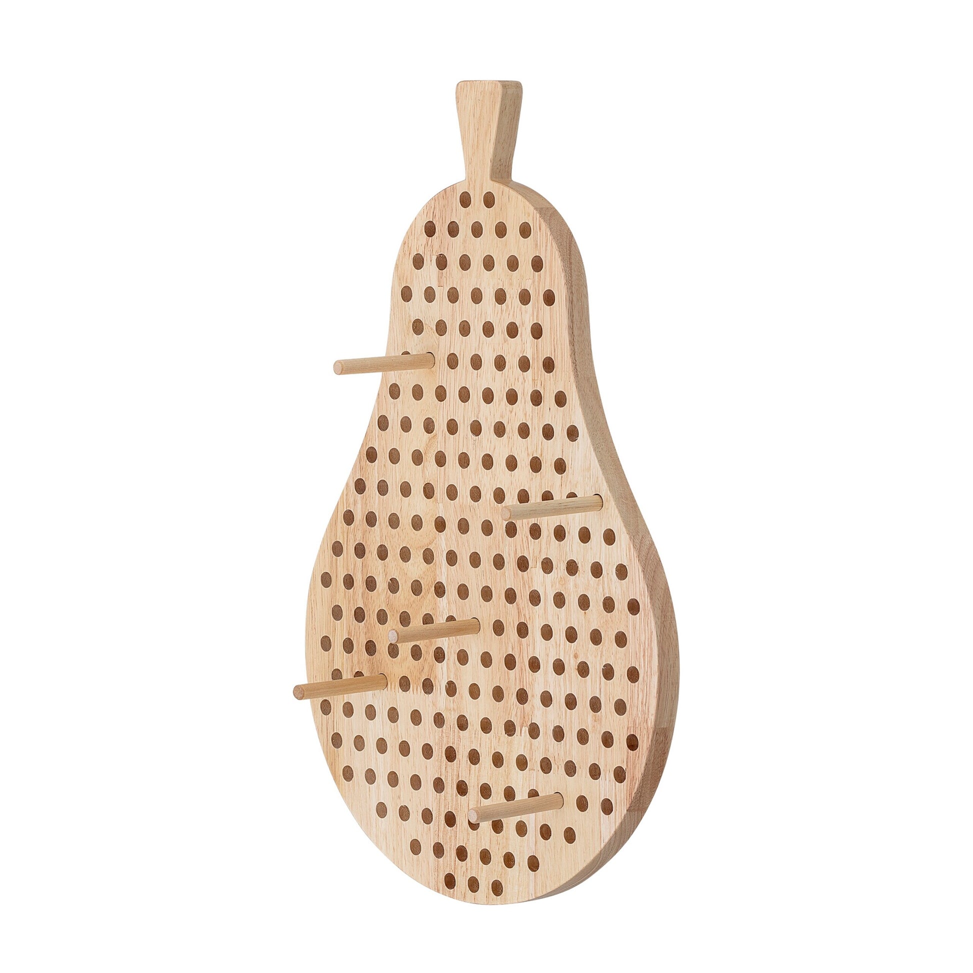 Wand-Display aus Holz, birnenförmige Form mit Lochmuster und drei Leisten