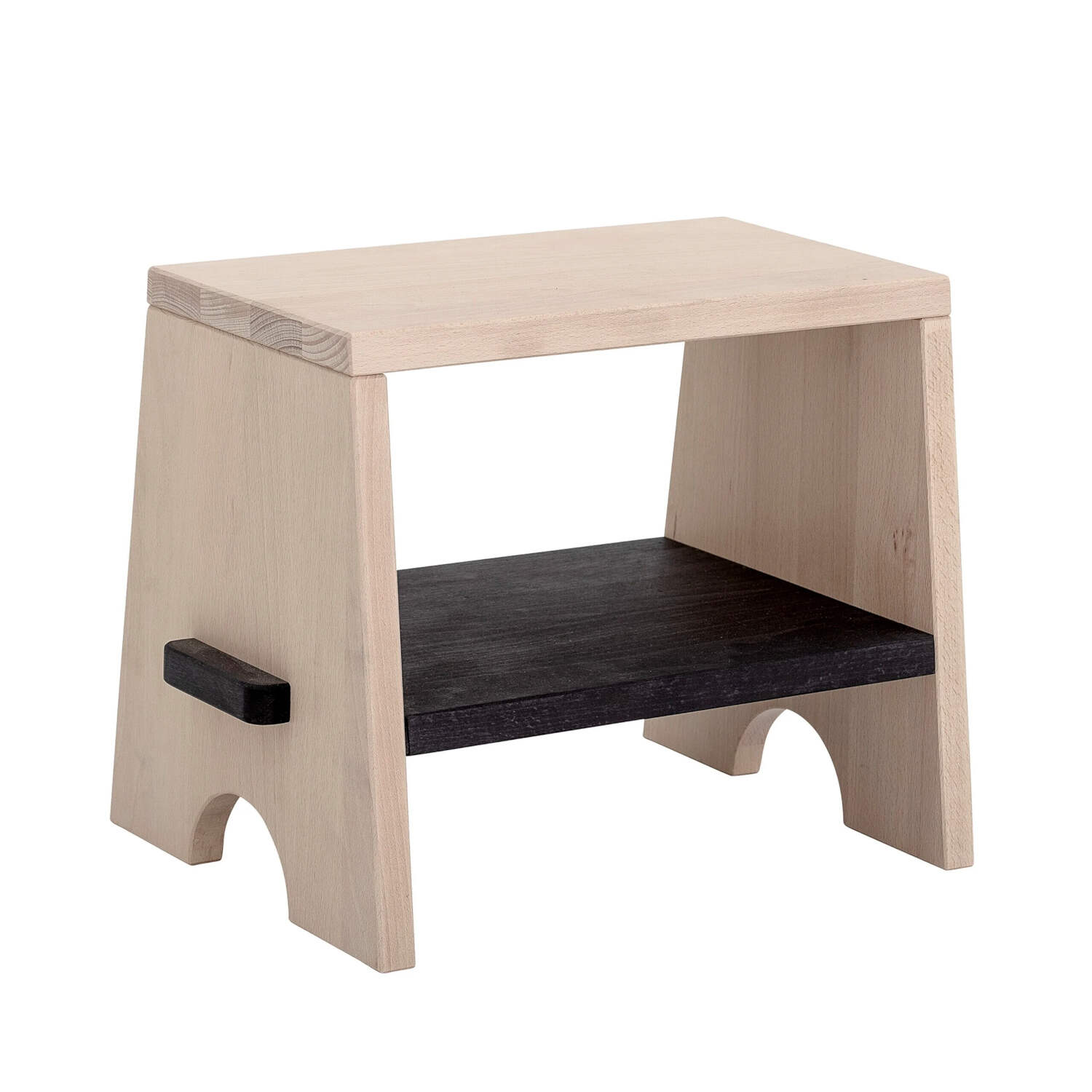 Naturfarbener Holz-Hocker mit dunkler Sitzfläche und Griffleiste seitlich