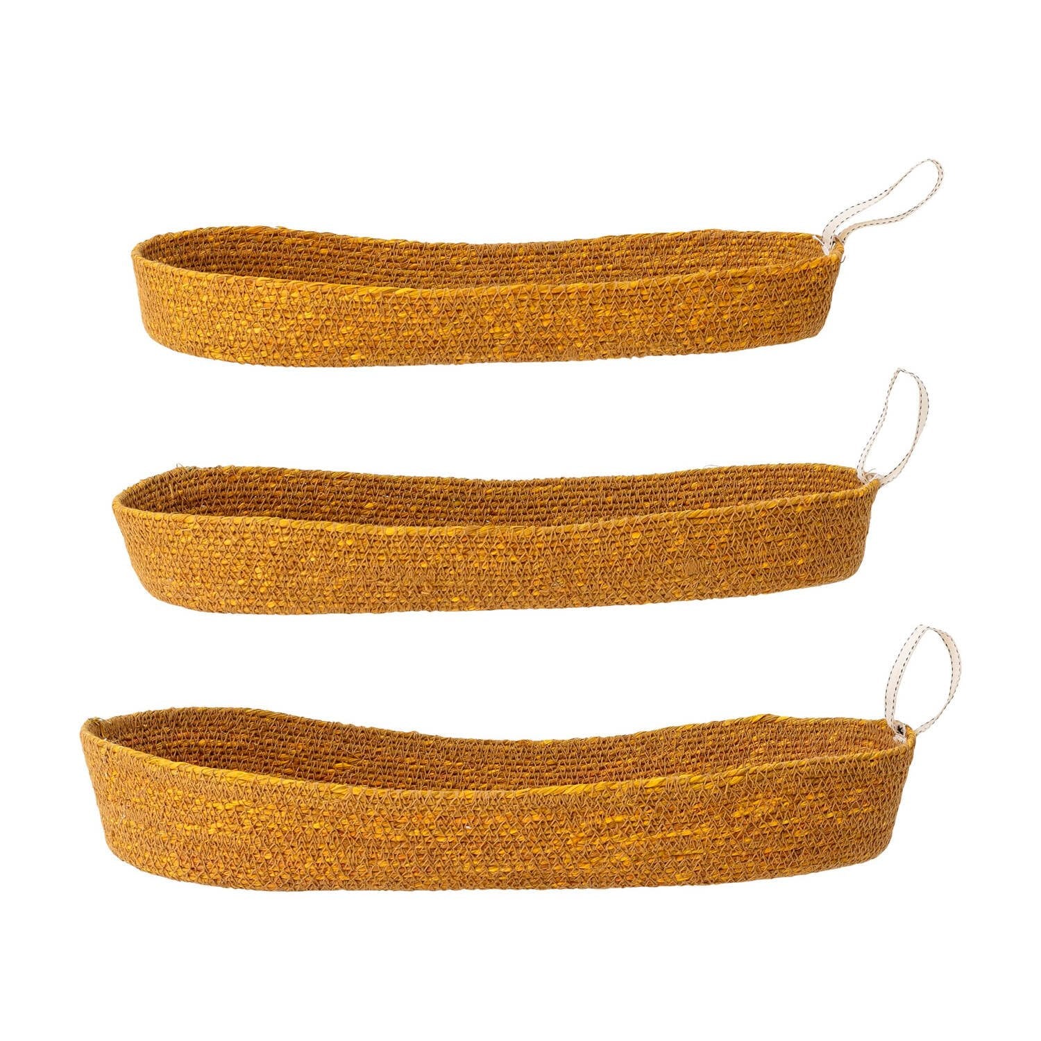 Drei ovale braune Tabletts, geflochtenes Jutematerial, mit Trageschlaufe (3er-Set)