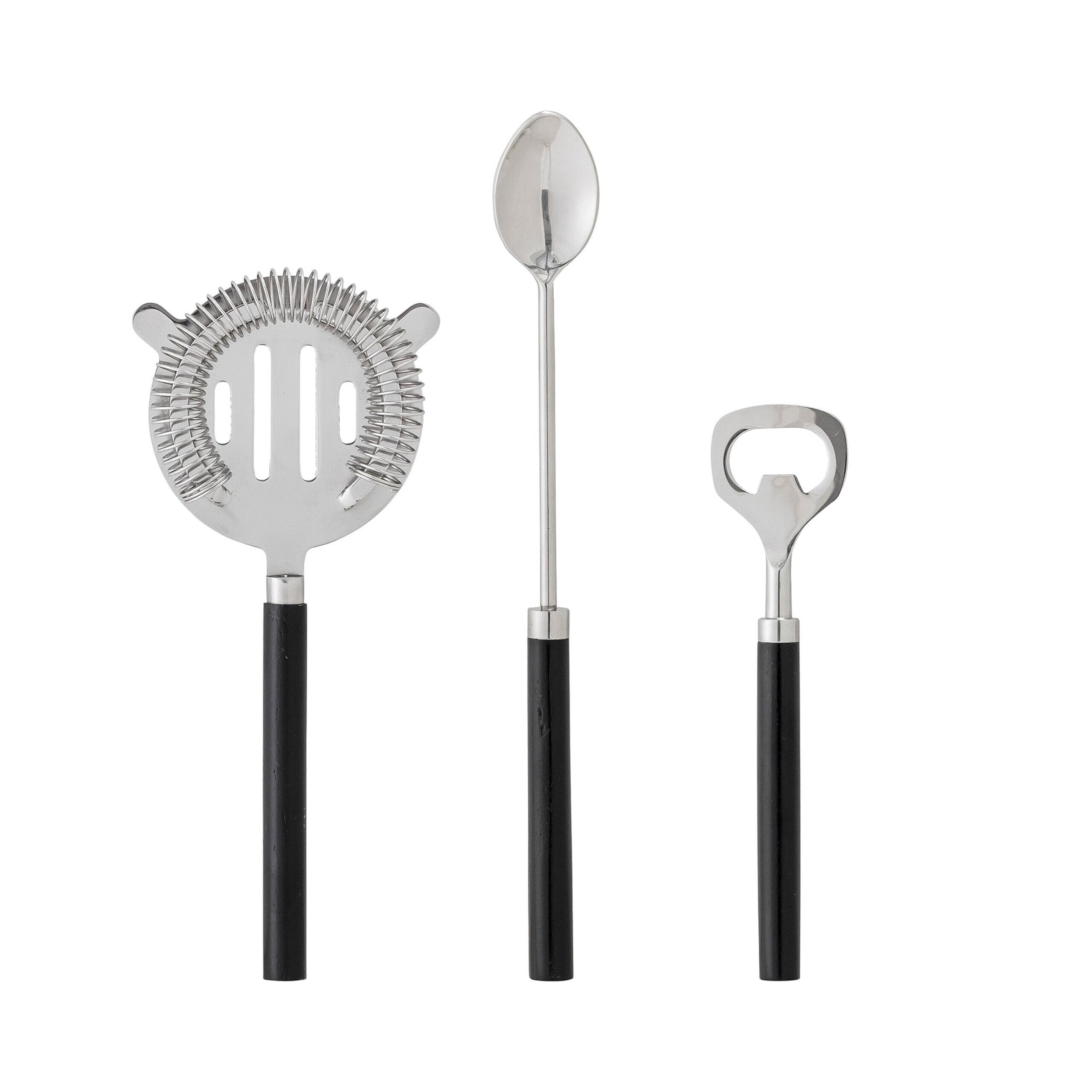 Cocktail-Set, 3 Bar-Tools: Sieb, Löffel & Flaschenöffner; silberfarbener Kopf, schwarzer Griff