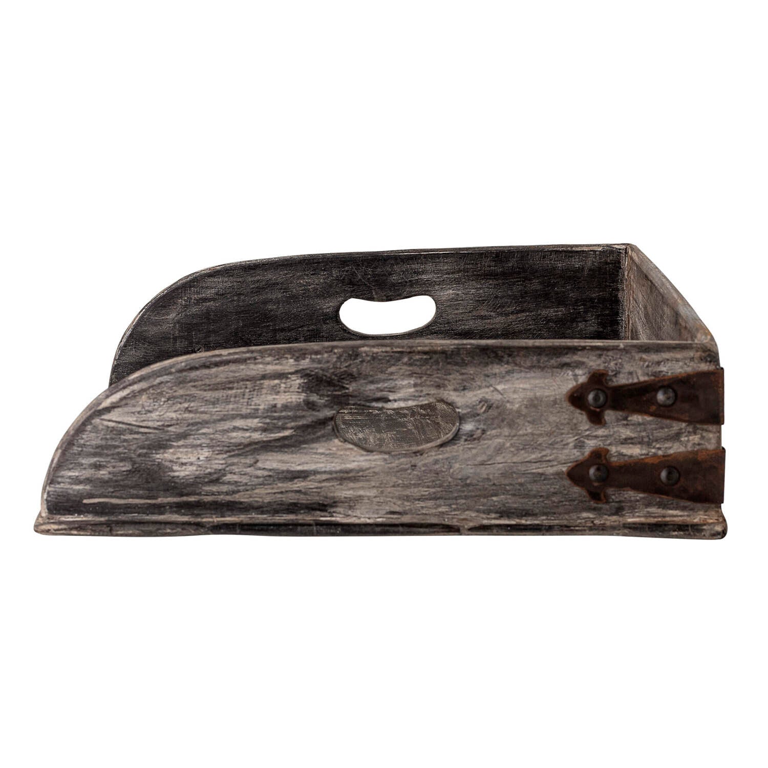Dunkles Holz-Tablett mit Griffloch und zwei Metallverschlüssen vorn