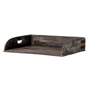 Dunkles Holz-Tablett mit Griffloch und Metallbeschlägen an der Seite