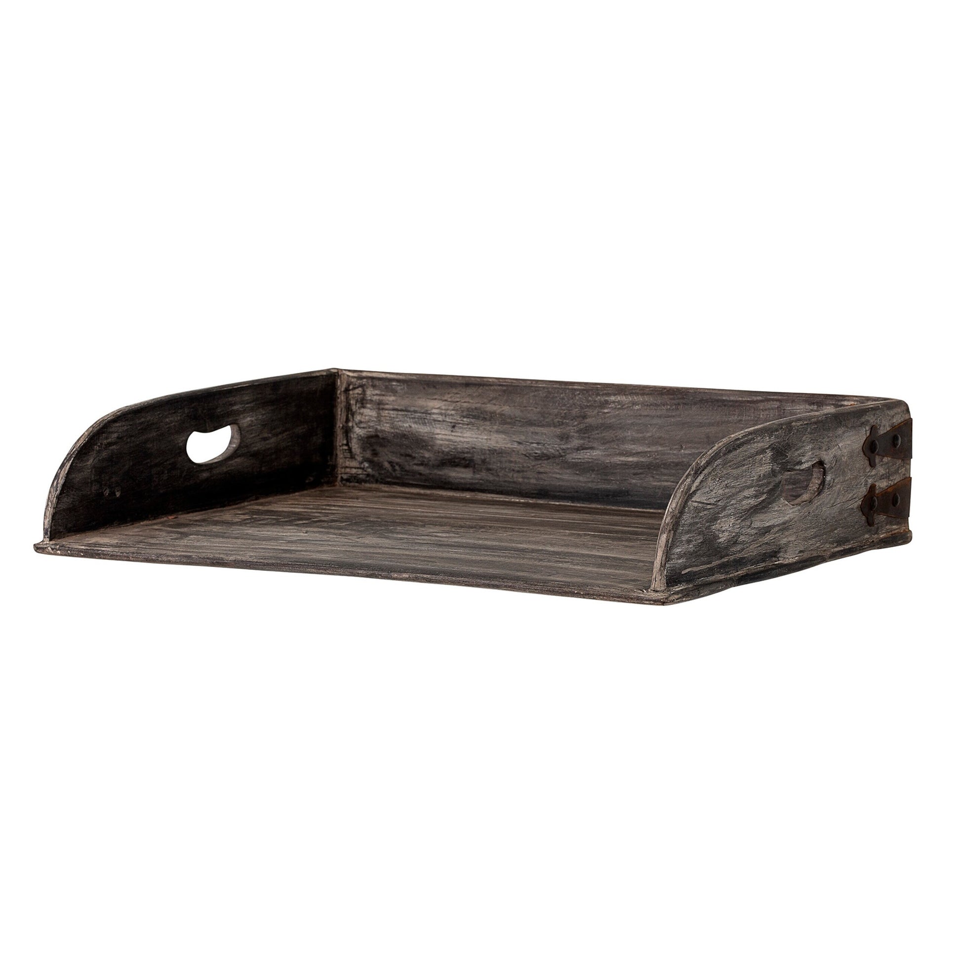 Dunkles Holz-Tablett mit Griffloch und Metallbeschlägen an der Seite