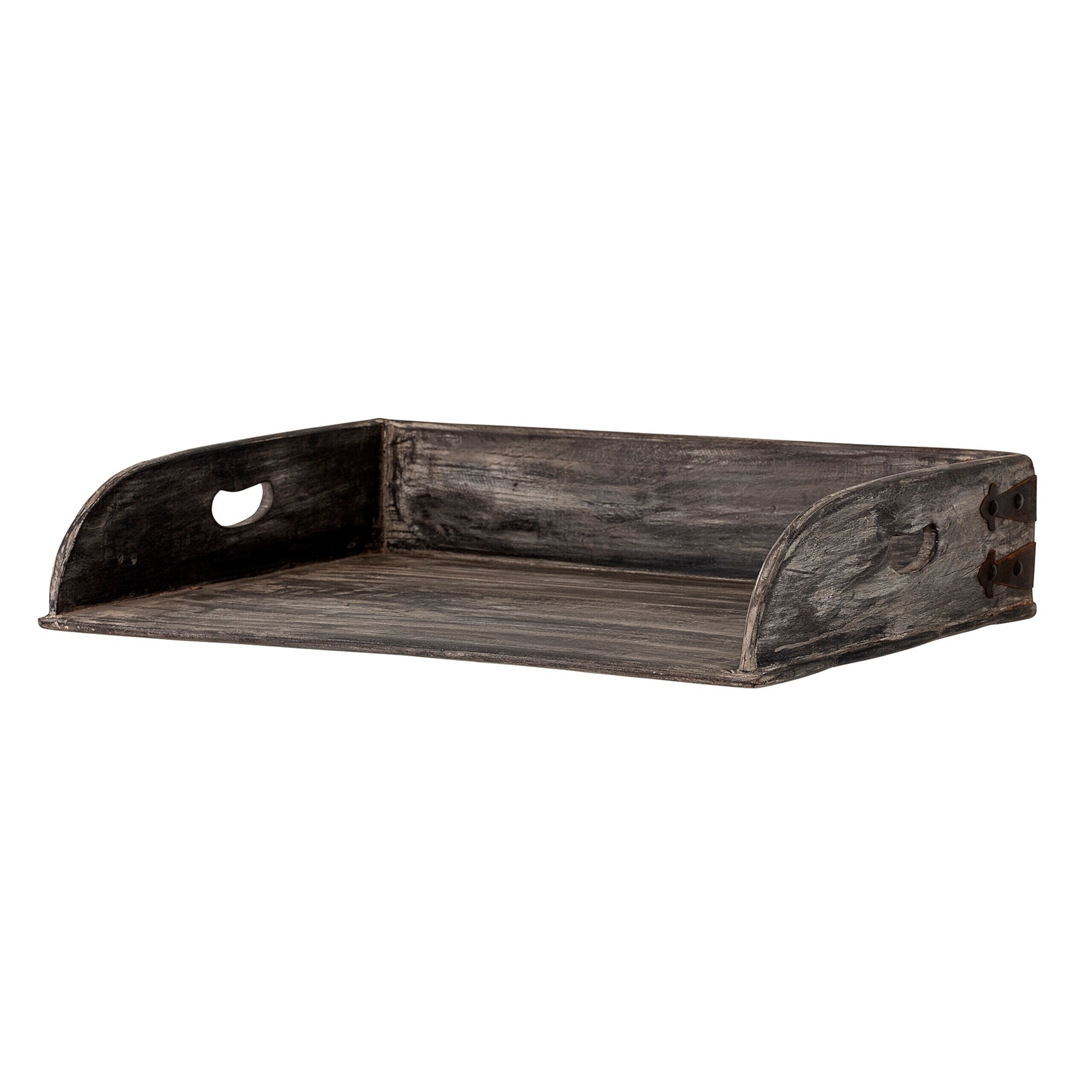 Dunkles Holz-Tablett mit Griffloch und Metallbeschlägen an der Seite