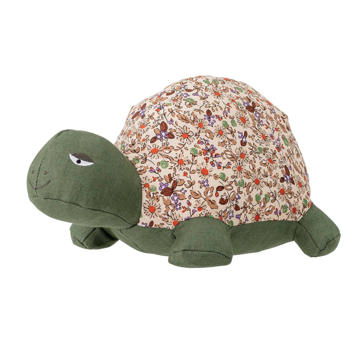 Grüne Stoff-Schildkröte mit buntem Blumenpanzer und angenähten Füßen
