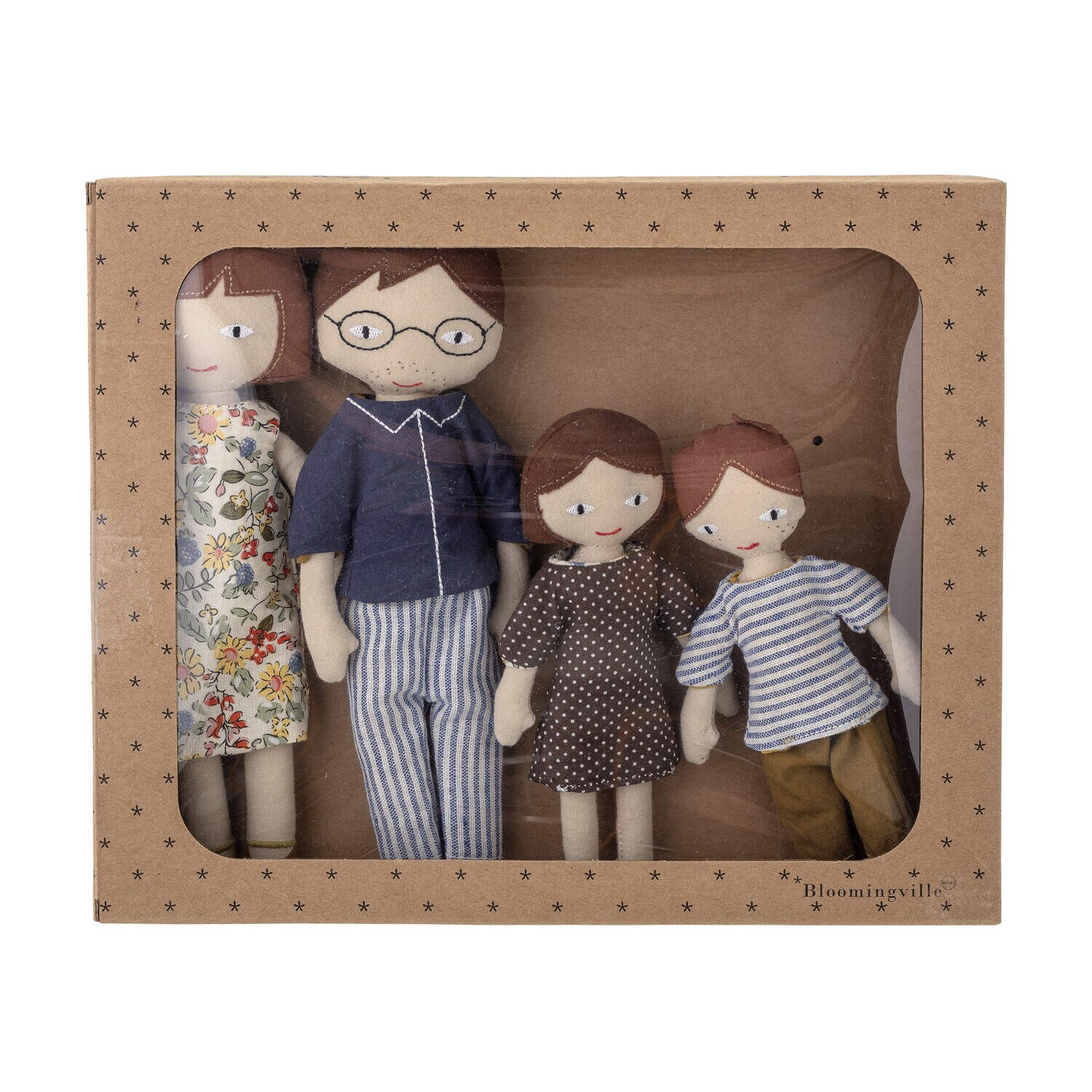Stoffpuppen-Set in brauner Box mit Sichtfenster, vier Figuren im Vordergrund